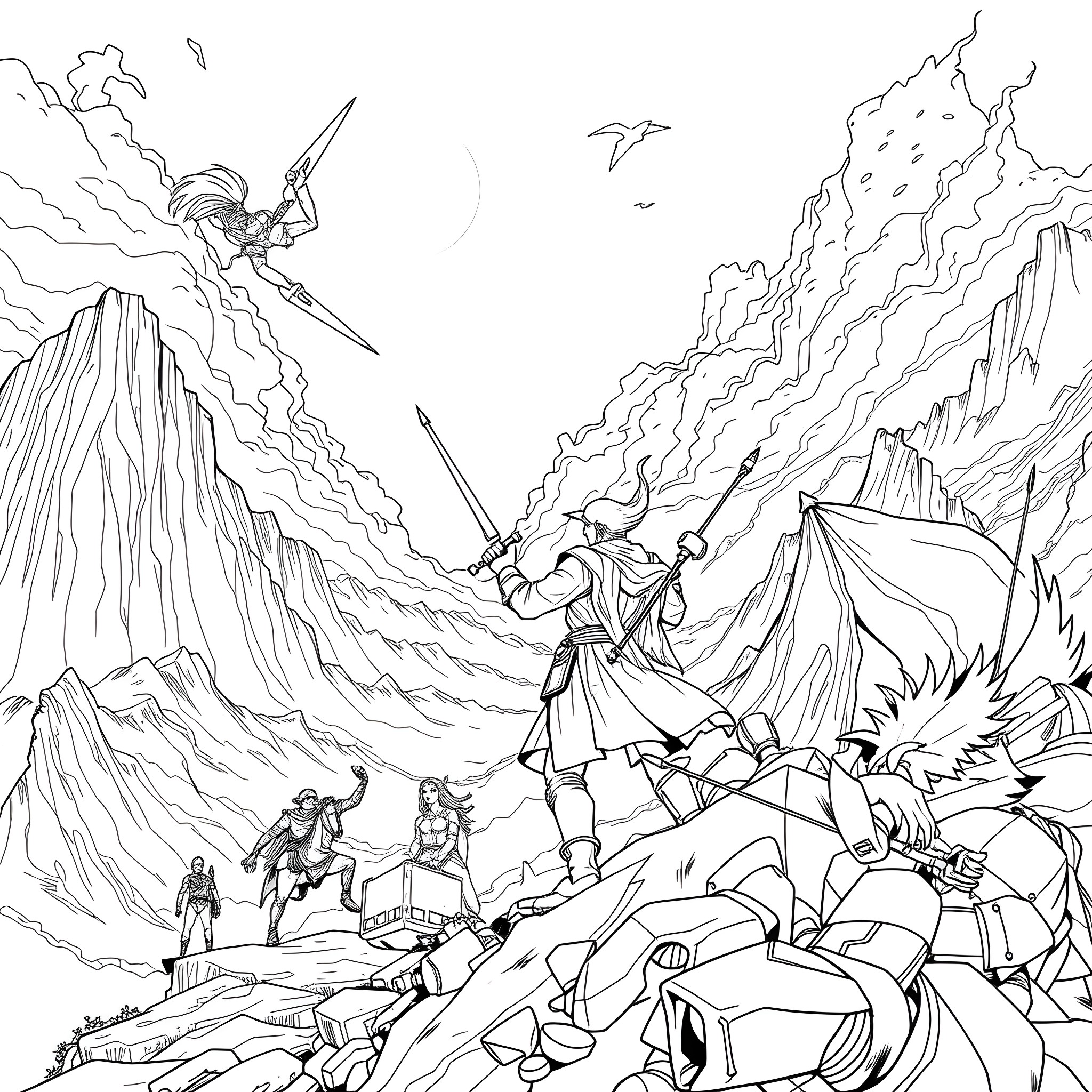Grand Triller: Epic Battle in the Mountain Terrain Coloring Page (free black-and-white line drawing printable PDF for all, from beginners to advanced learners, including children, teens, adults, and seniors)