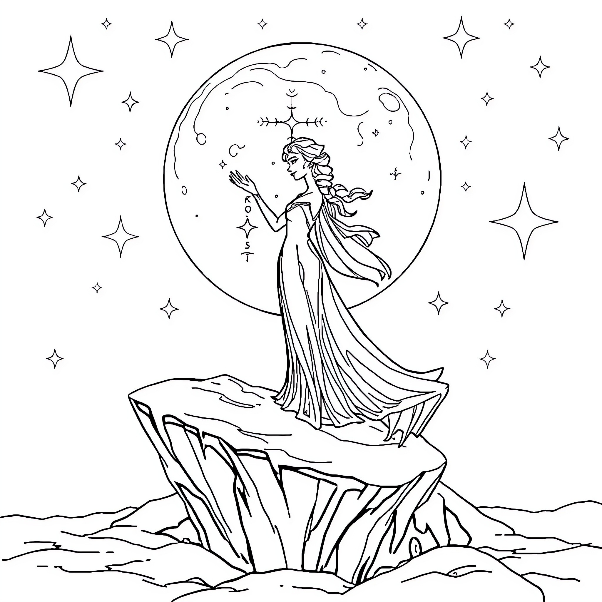 Elsa's Celestial Enchantment Coloring Page (free black-and-white line drawing printable PDF for all, from beginners to advanced learners, including children, teens, adults, and seniors)