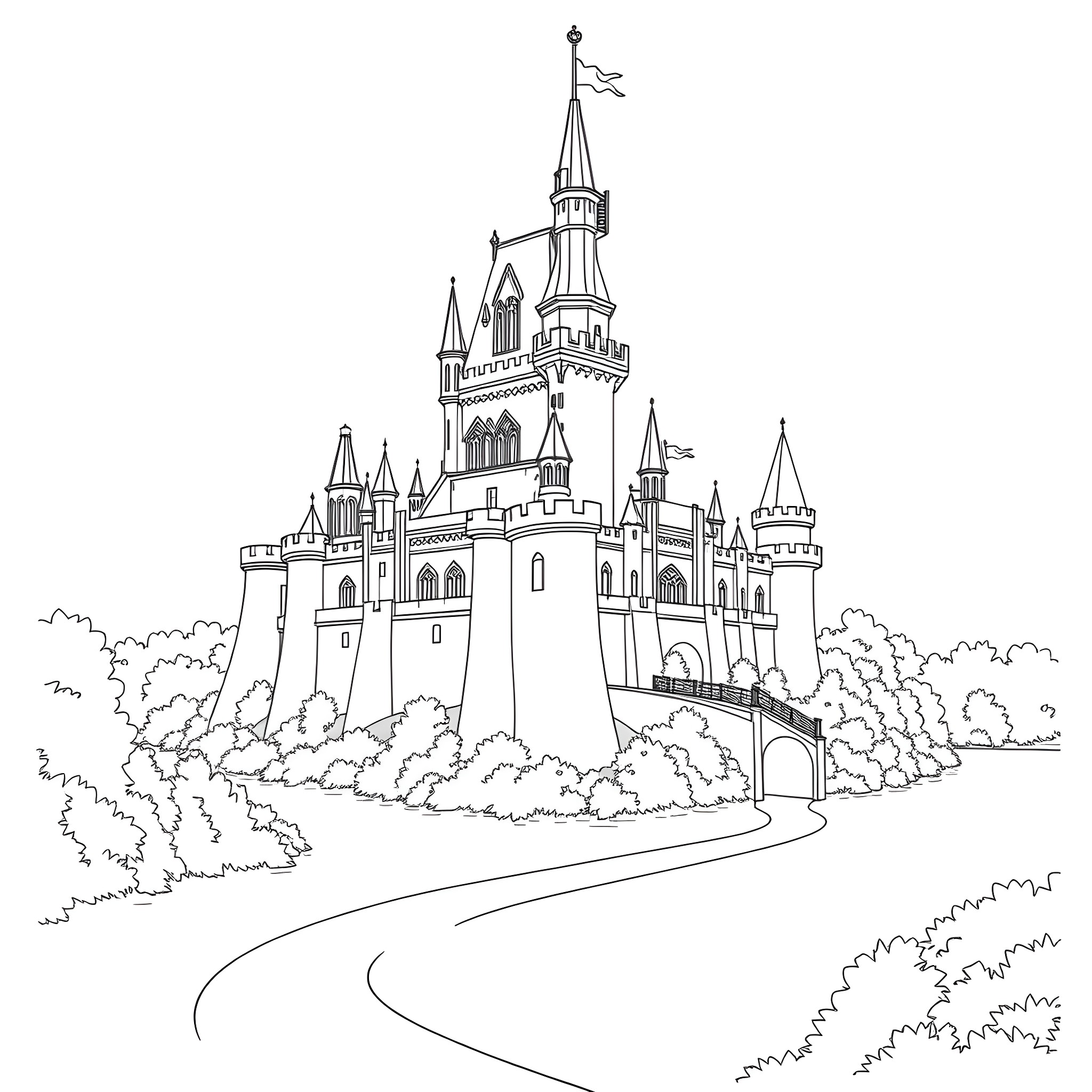 Castle with Ornate Spires and Turrets Coloring Page (free black-and-white line drawing printable PDF for all, from beginners to advanced learners, including children, teens, adults, and seniors)