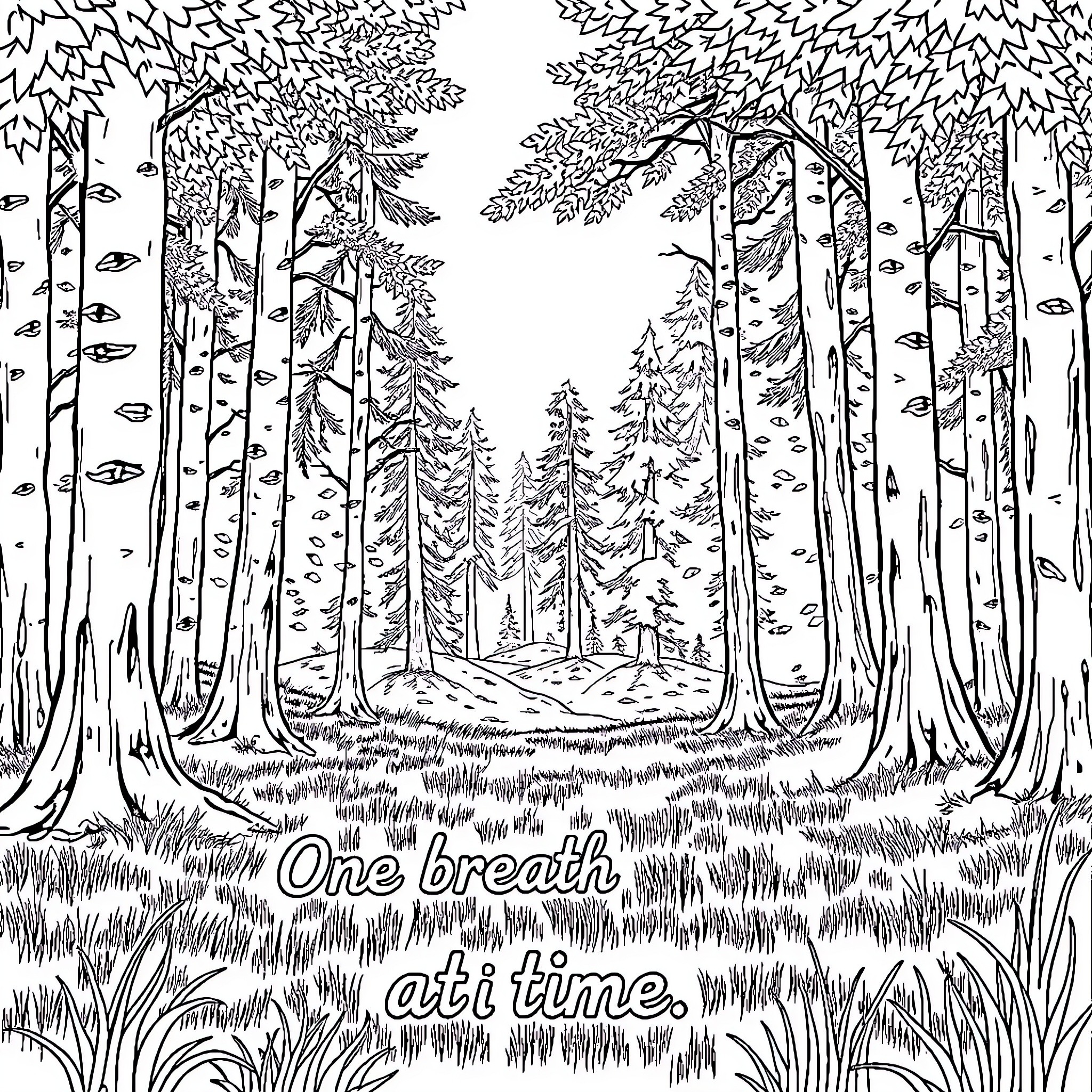 Forest Pathway with Tranquil Scenery Coloring Page (free black-and-white line drawing printable PDF for all, from beginners to advanced learners, including children, teens, adults, and seniors)