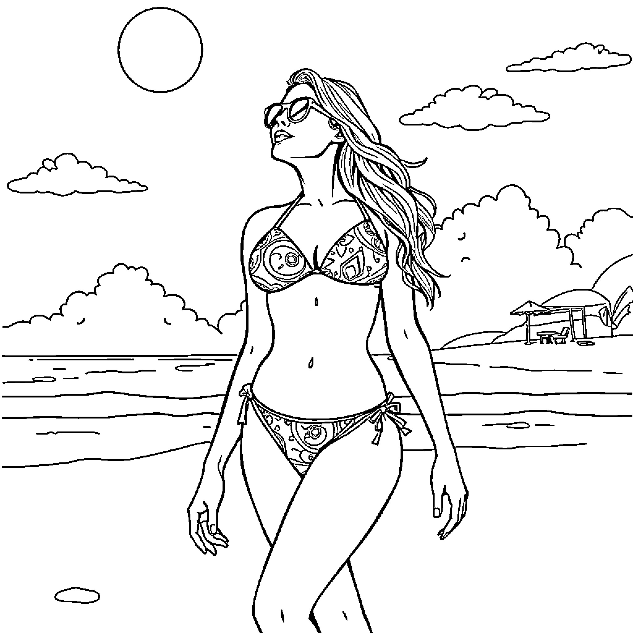Woman enjoying beach day in stylish swimwear Coloring Page (free black-and-white line drawing printable PDF for all, from beginners to advanced learners, including children, teens, adults, and seniors)