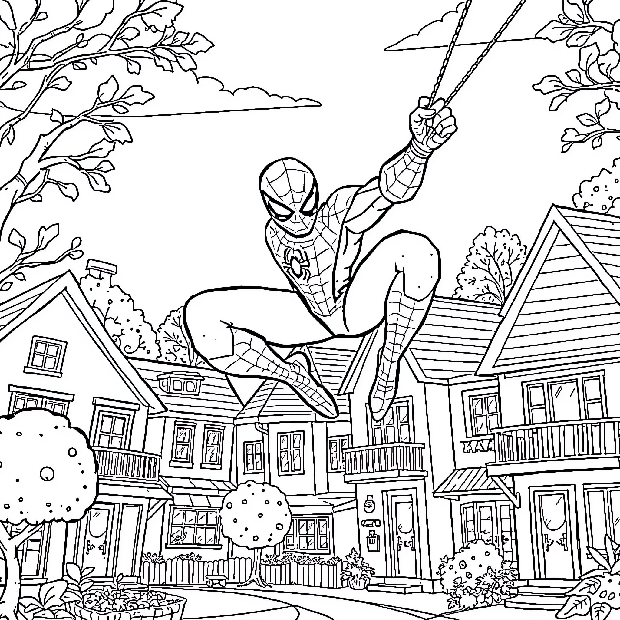 Spiderman swinging through the city on a mission Coloring Page (free black-and-white line drawing printable PDF for all, from beginners to advanced learners, including children, teens, adults, and seniors)