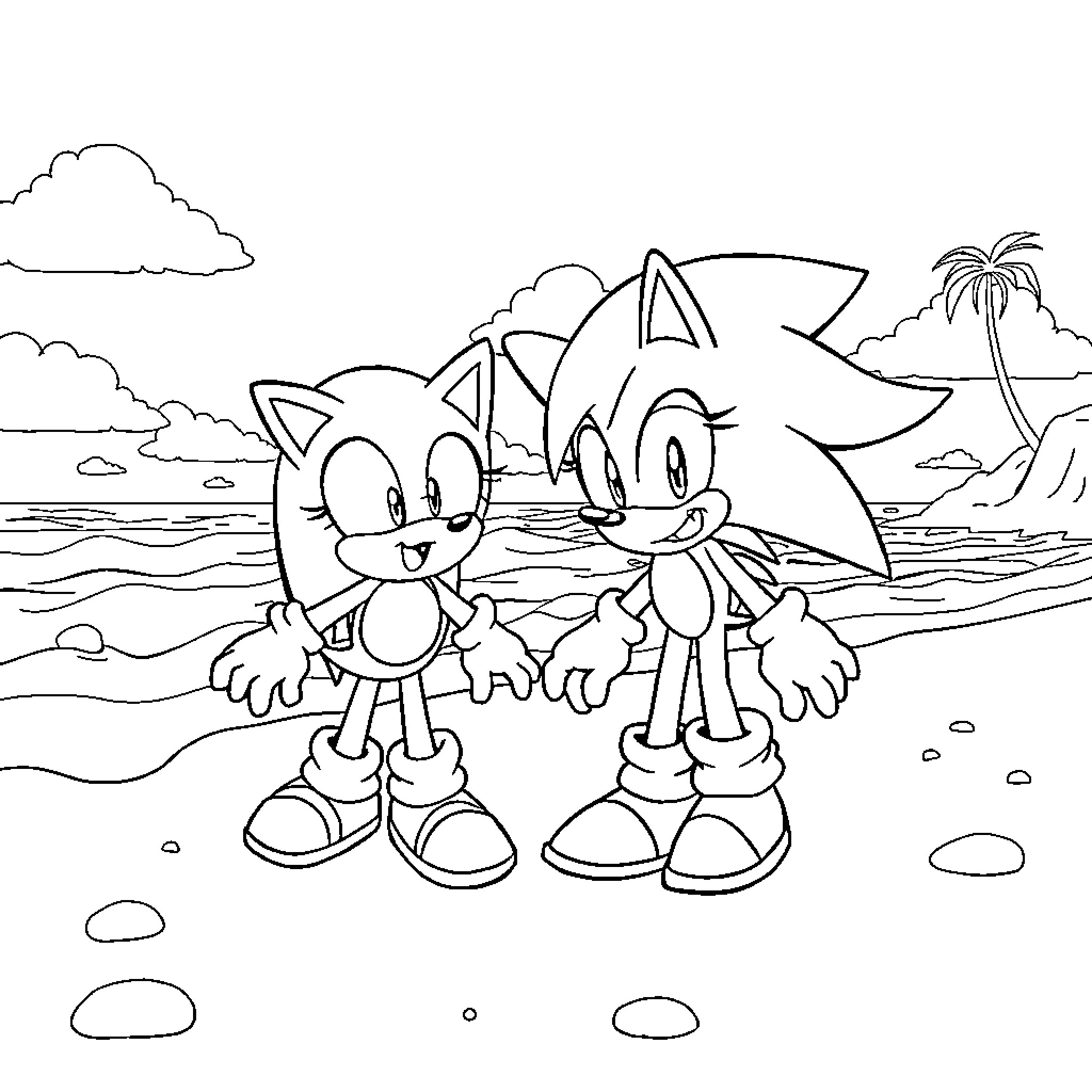 Sonic and friend explore tropical beach scene Coloring Page (free black-and-white line drawing printable PDF for all, from beginners to advanced learners, including children, teens, adults, and seniors)