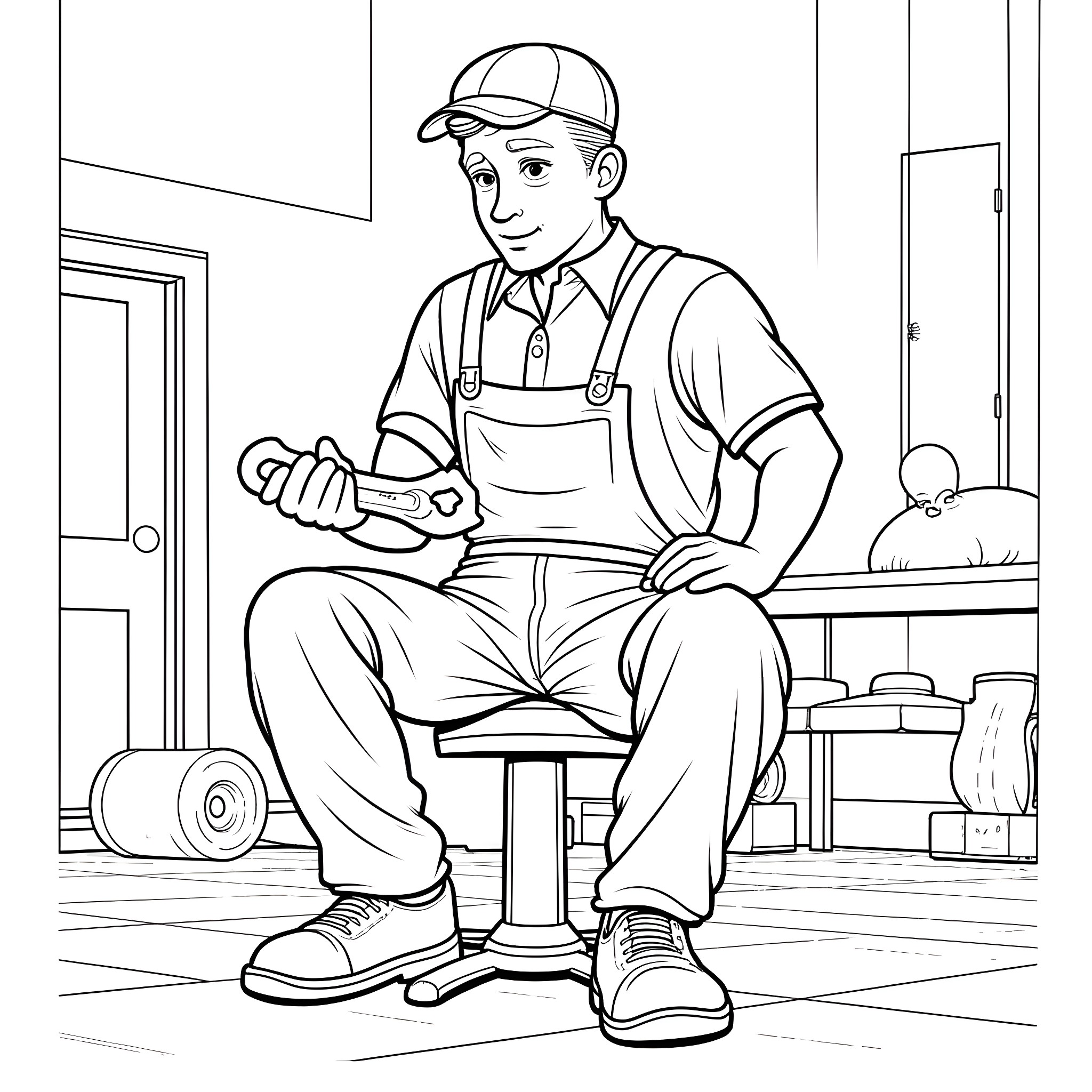 Mechanic repairing tools in the workshop Coloring Page (free black-and-white line drawing printable PDF for all, from beginners to advanced learners, including children, teens, adults, and seniors)