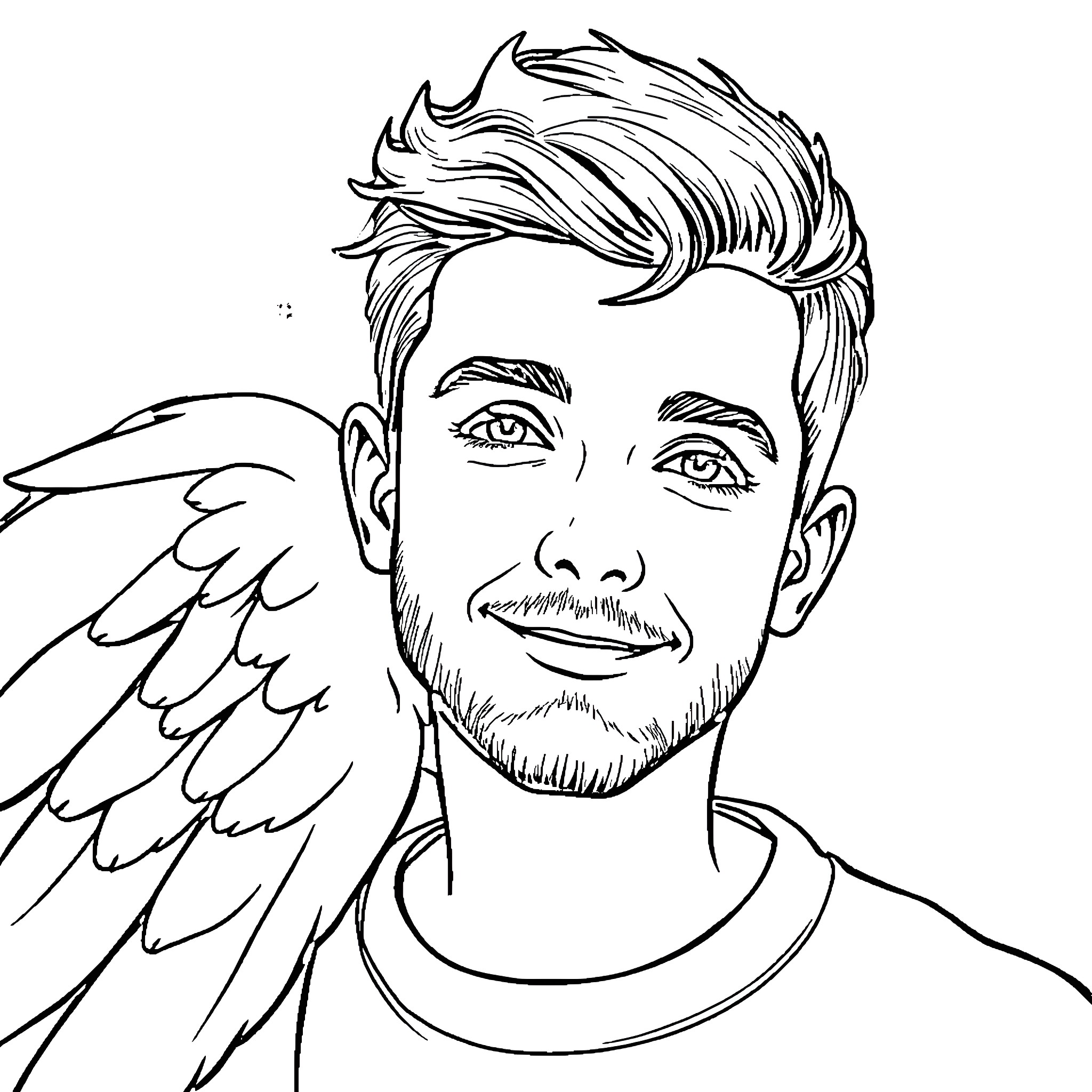 Liam Payne depicted as a winged figure with a smiling expression Coloring Page (free black-and-white line drawing printable PDF for all, from beginners to advanced learners, including children, teens, adults, and seniors)