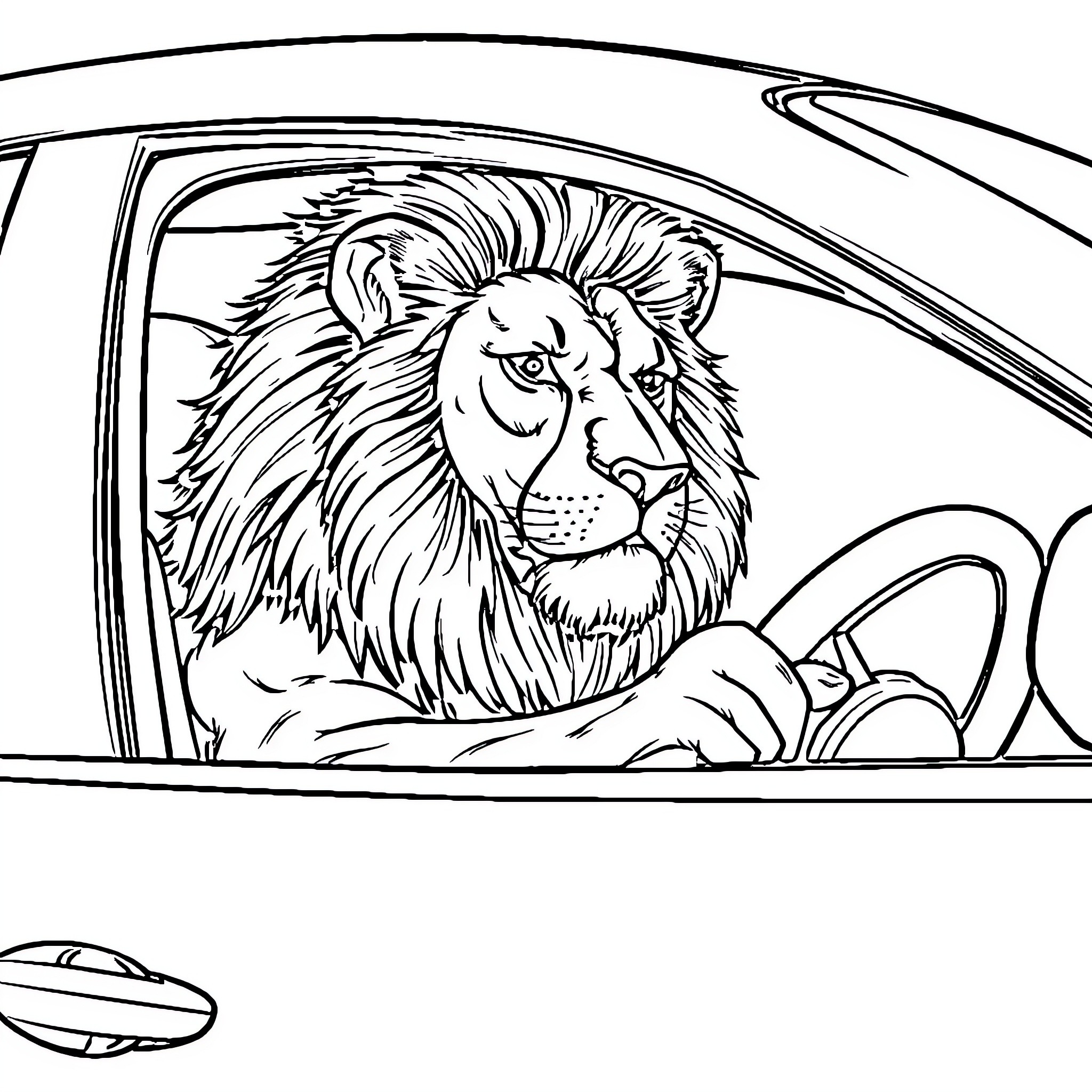 Lion driving a car Coloring Page (free black-and-white line drawing printable PDF for all, from beginners to advanced learners, including children, teens, adults, and seniors)