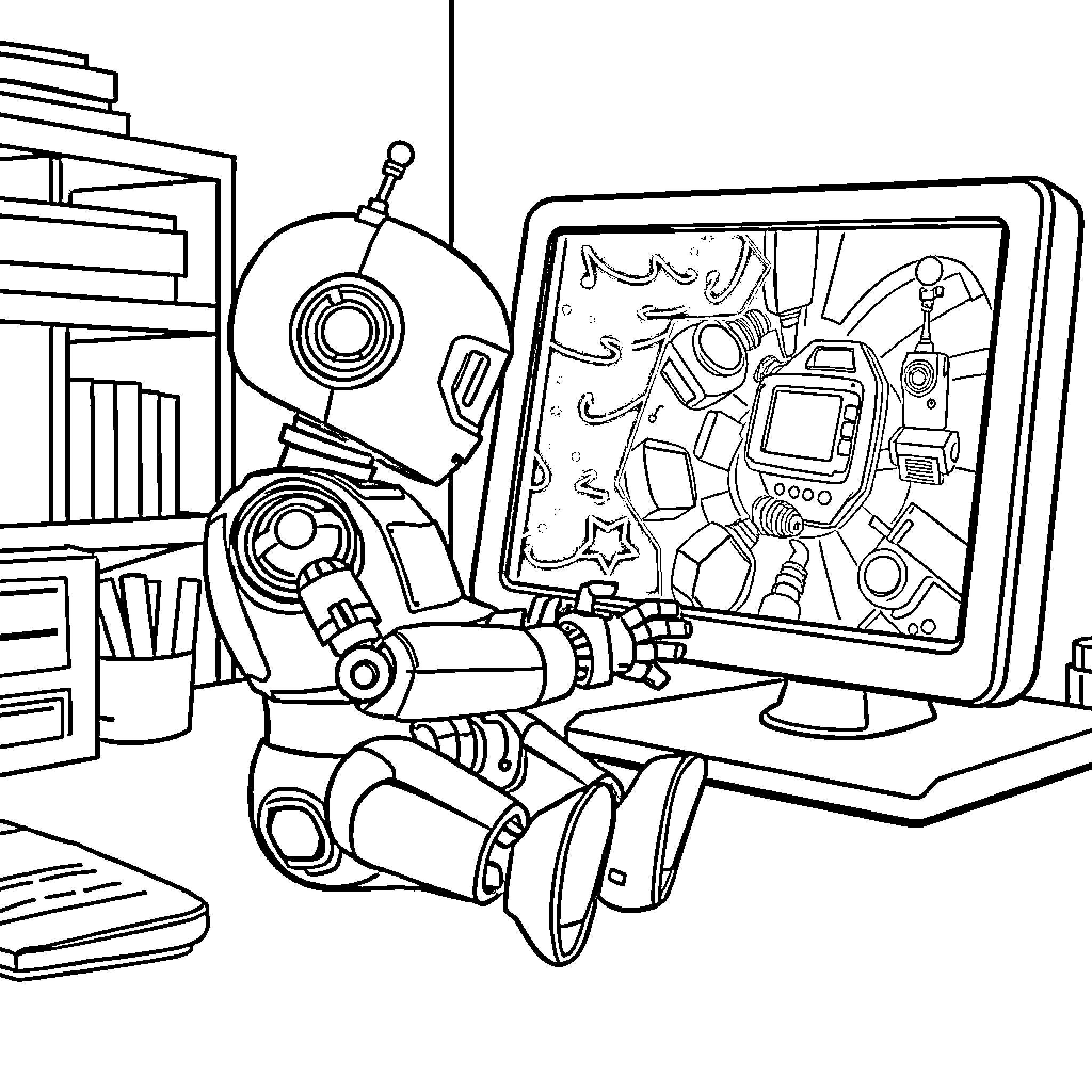 Robot's Workstation with Futuristic Technology Coloring Page (free black-and-white line drawing printable PDF for all, from beginners to advanced learners, including children, teens, adults, and seniors)