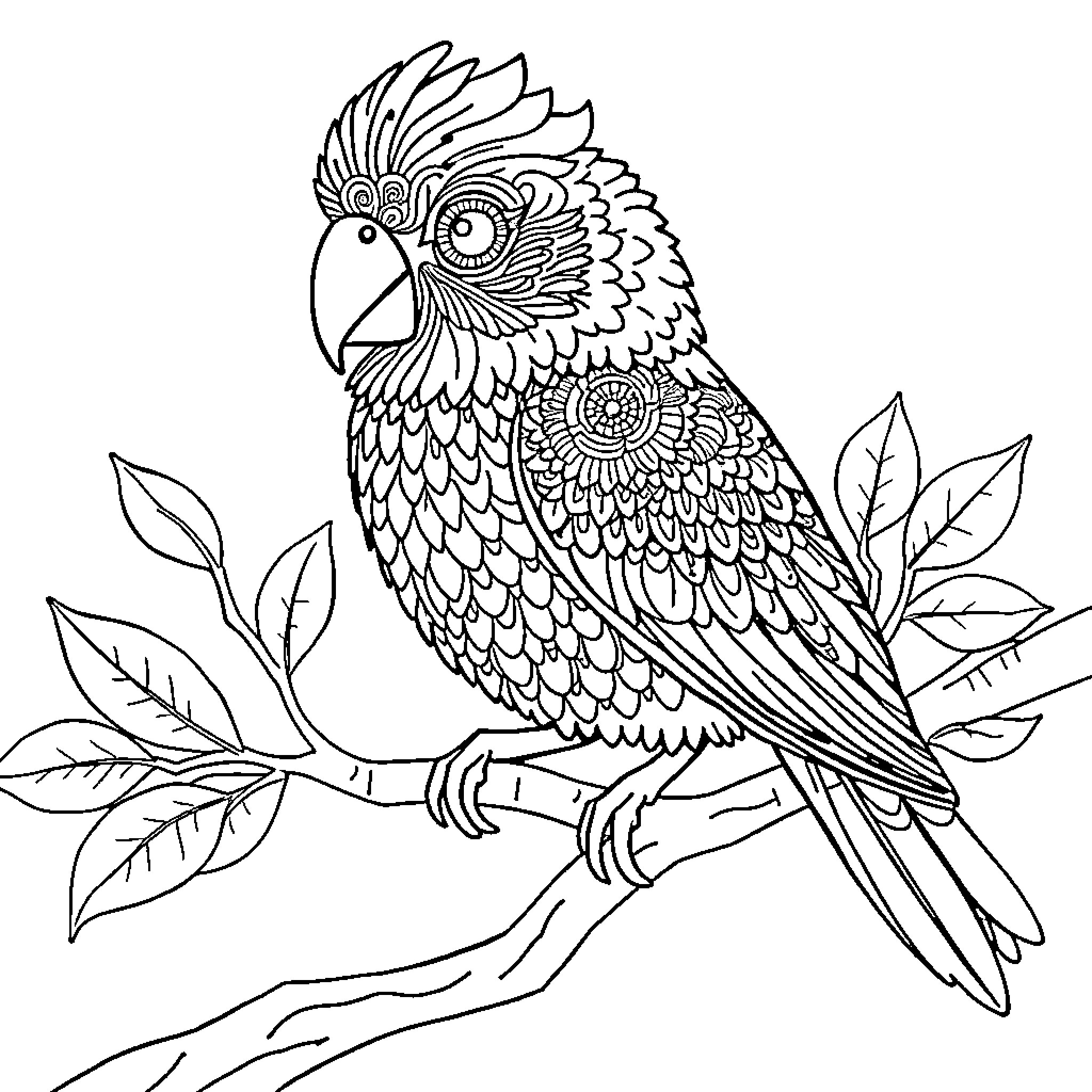 Bird perching on a branch with intricate patterns Coloring Page (free black-and-white line drawing printable PDF for all, from beginners to advanced learners, including children, teens, adults, and seniors)