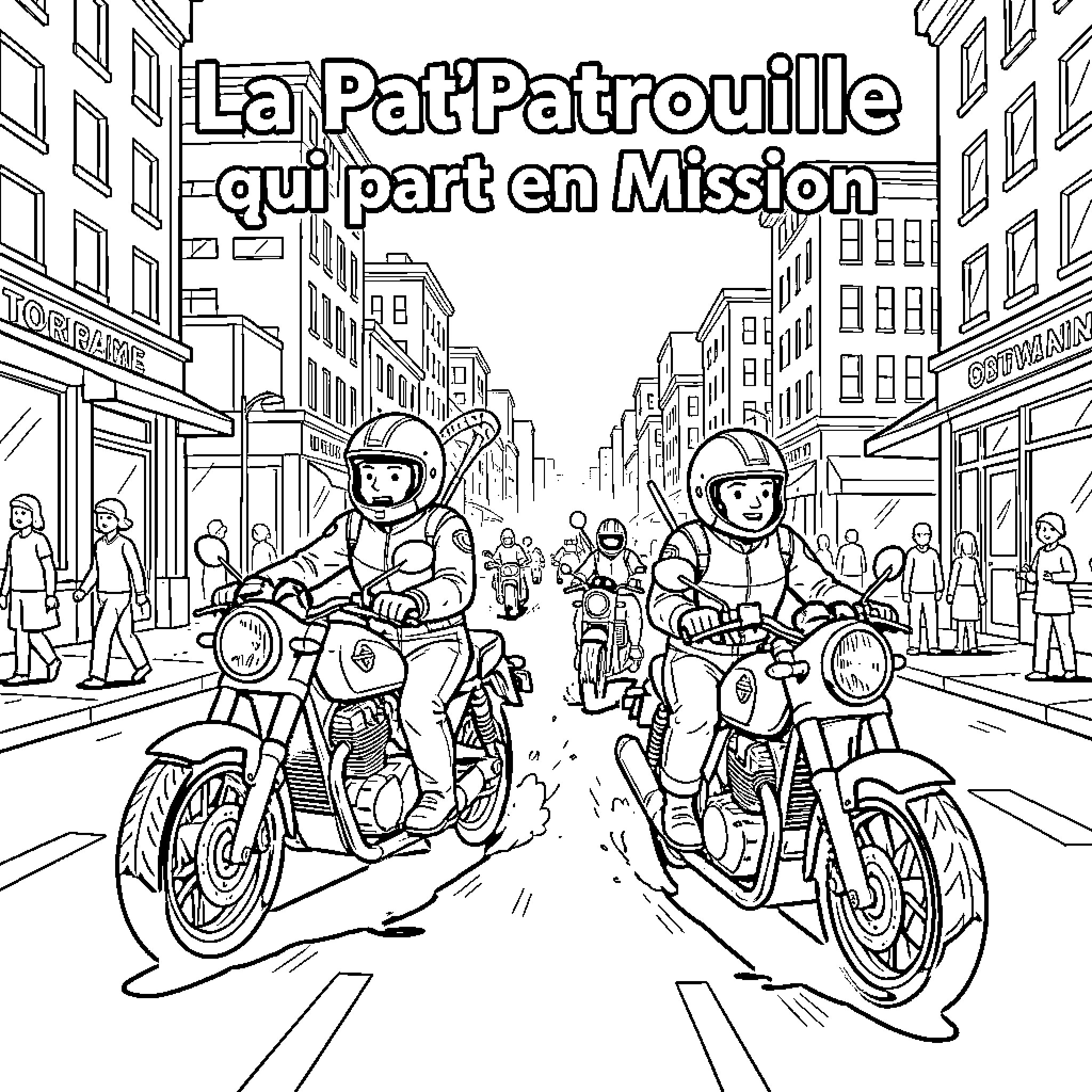 Pat Patrouille characters riding motorcycles on a city street Coloring Page (free black-and-white line drawing printable PDF for all, from beginners to advanced learners, including children, teens, adults, and seniors)