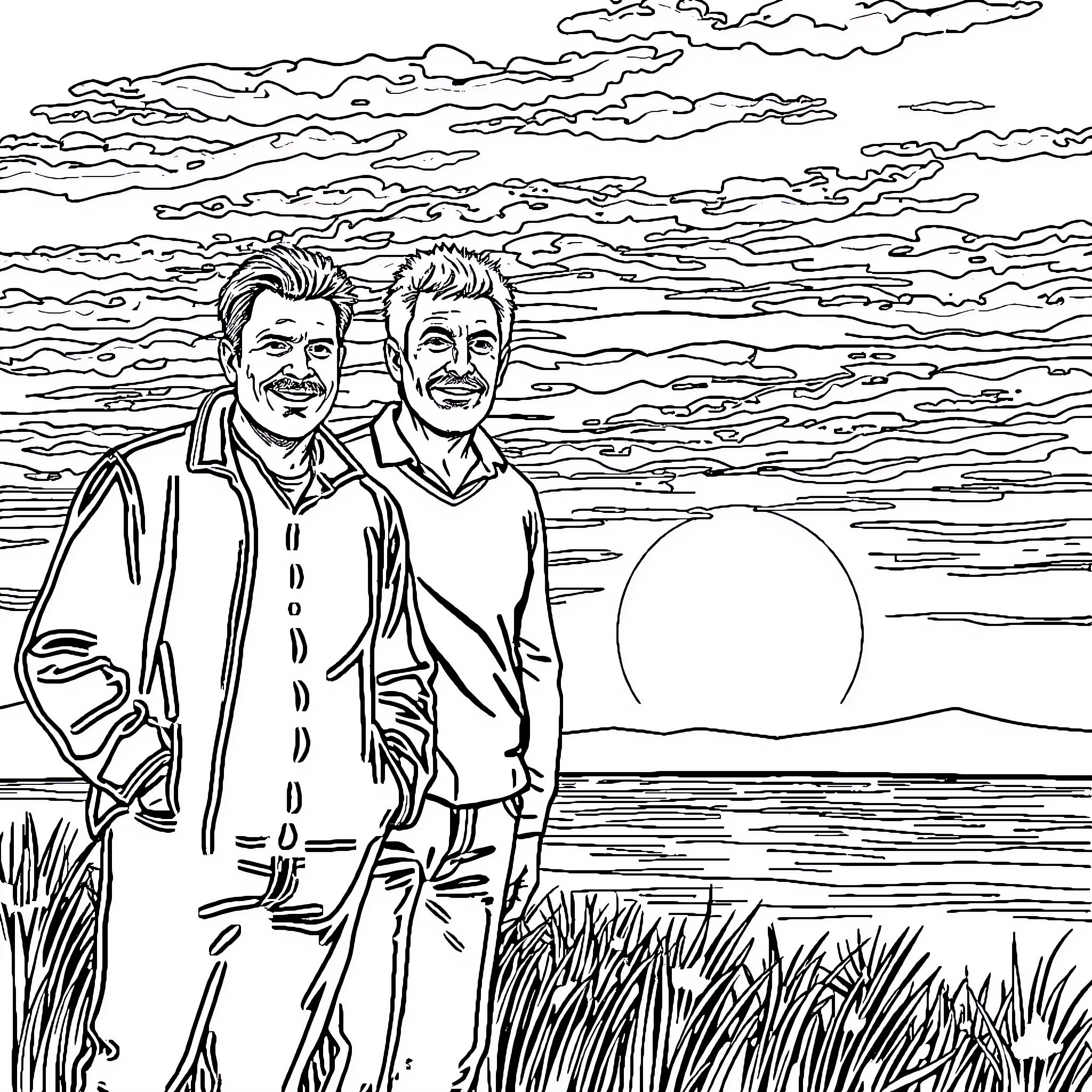 Man in casual attire enjoying scenic landscape with companion Coloring Page (free black-and-white line drawing printable PDF for all, from beginners to advanced learners, including children, teens, adults, and seniors)