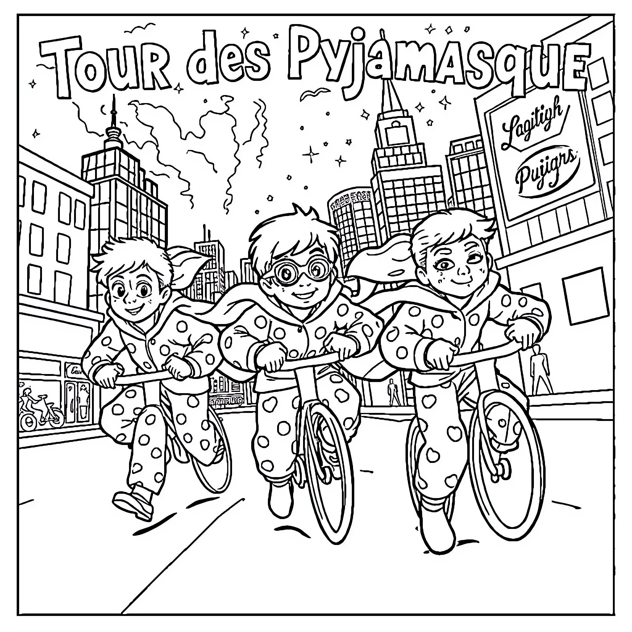 Pyjamasques group bike ride in the city Coloring Page (free black-and-white line drawing printable PDF for all, from beginners to advanced learners, including children, teens, adults, and seniors)