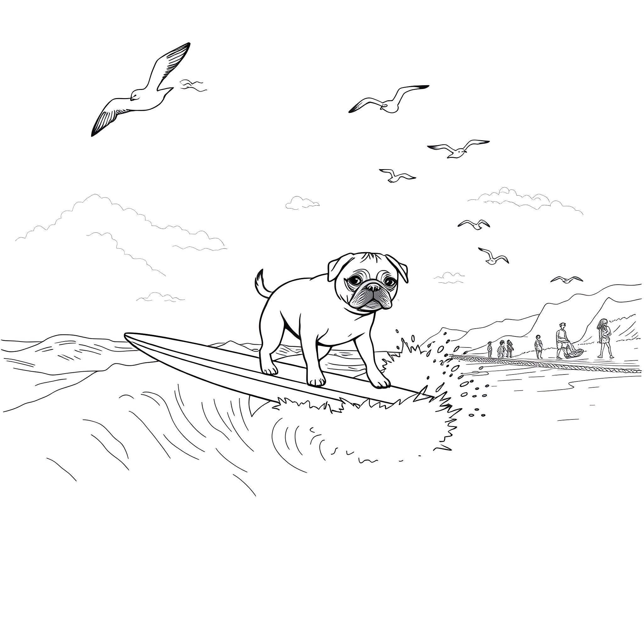 Puggle surfing the waves with seagulls in the sky Coloring Page (free black-and-white line drawing printable PDF for all, from beginners to advanced learners, including children, teens, adults, and seniors)