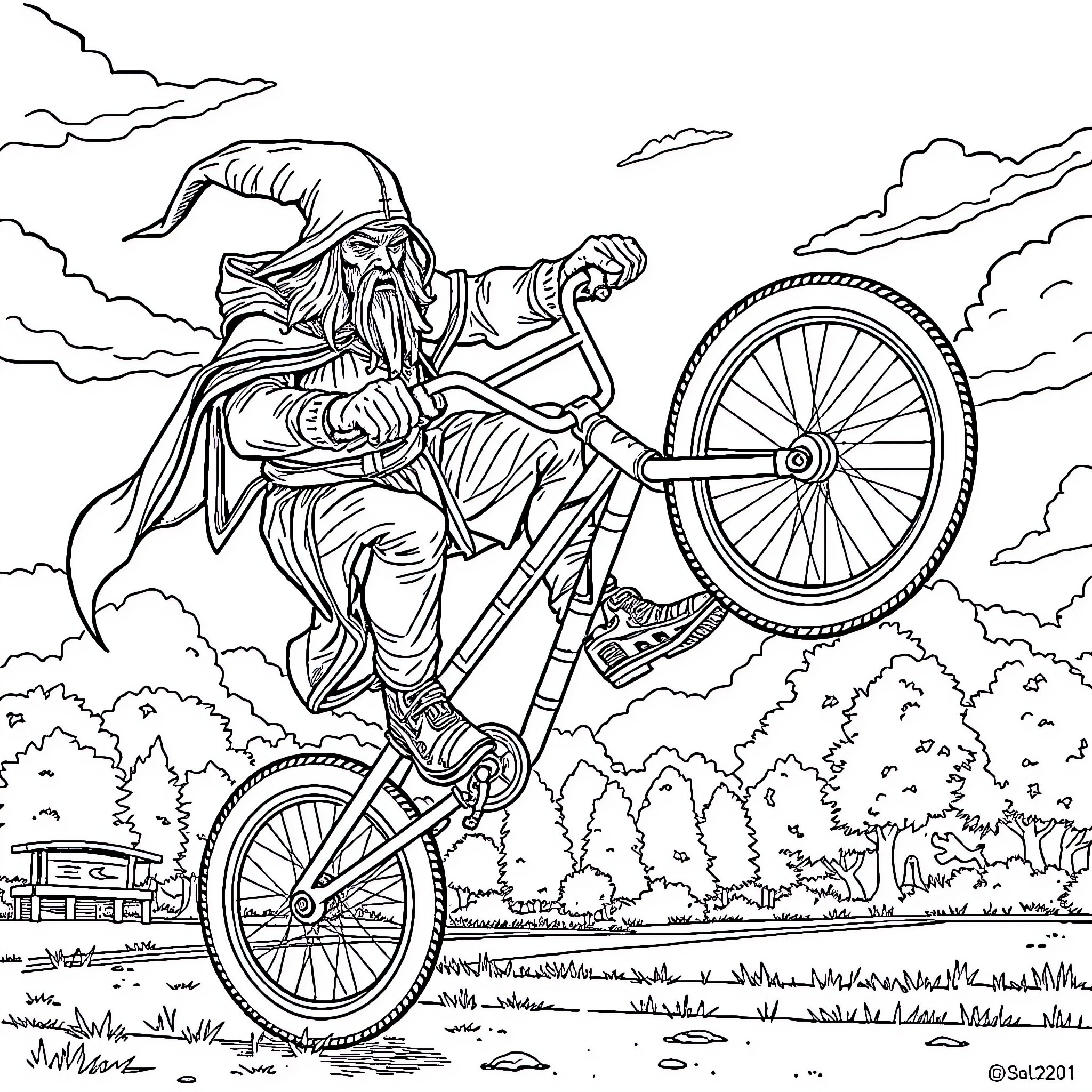 Sauron's Extreme Bicycle Ride through the Wilderness Coloring Page (free black-and-white line drawing printable PDF for all, from beginners to advanced learners, including children, teens, adults, and seniors)