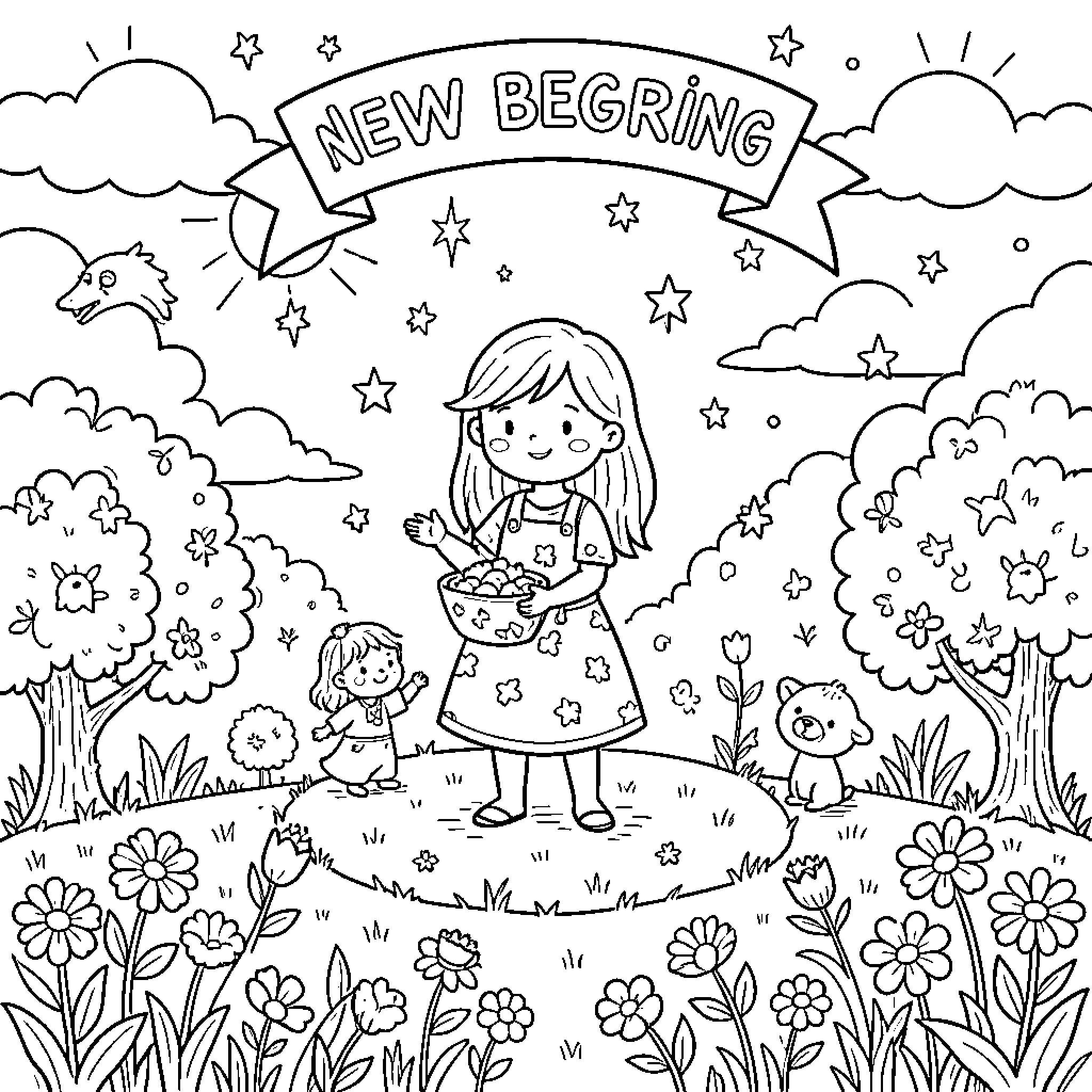 Start a girl holding a bowl in a garden Coloring Page (free black-and-white line drawing printable PDF for all, from beginners to advanced learners, including children, teens, adults, and seniors)