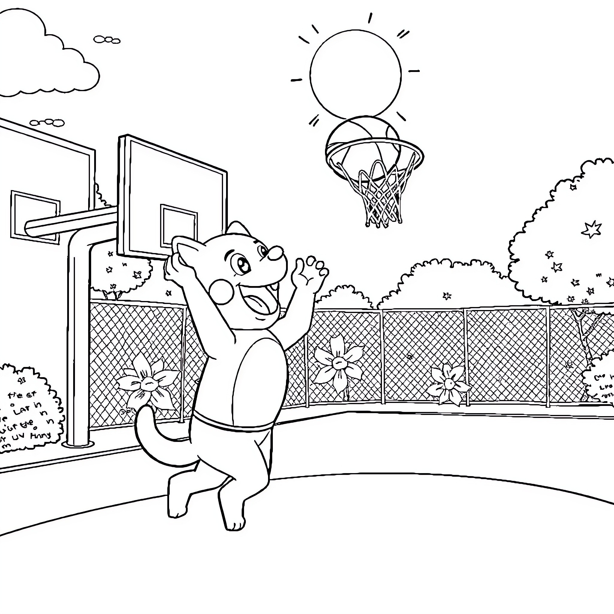 Agumon playing basketball on a sunny day Coloring Page (free black-and-white line drawing printable PDF for all, from beginners to advanced learners, including children, teens, adults, and seniors)