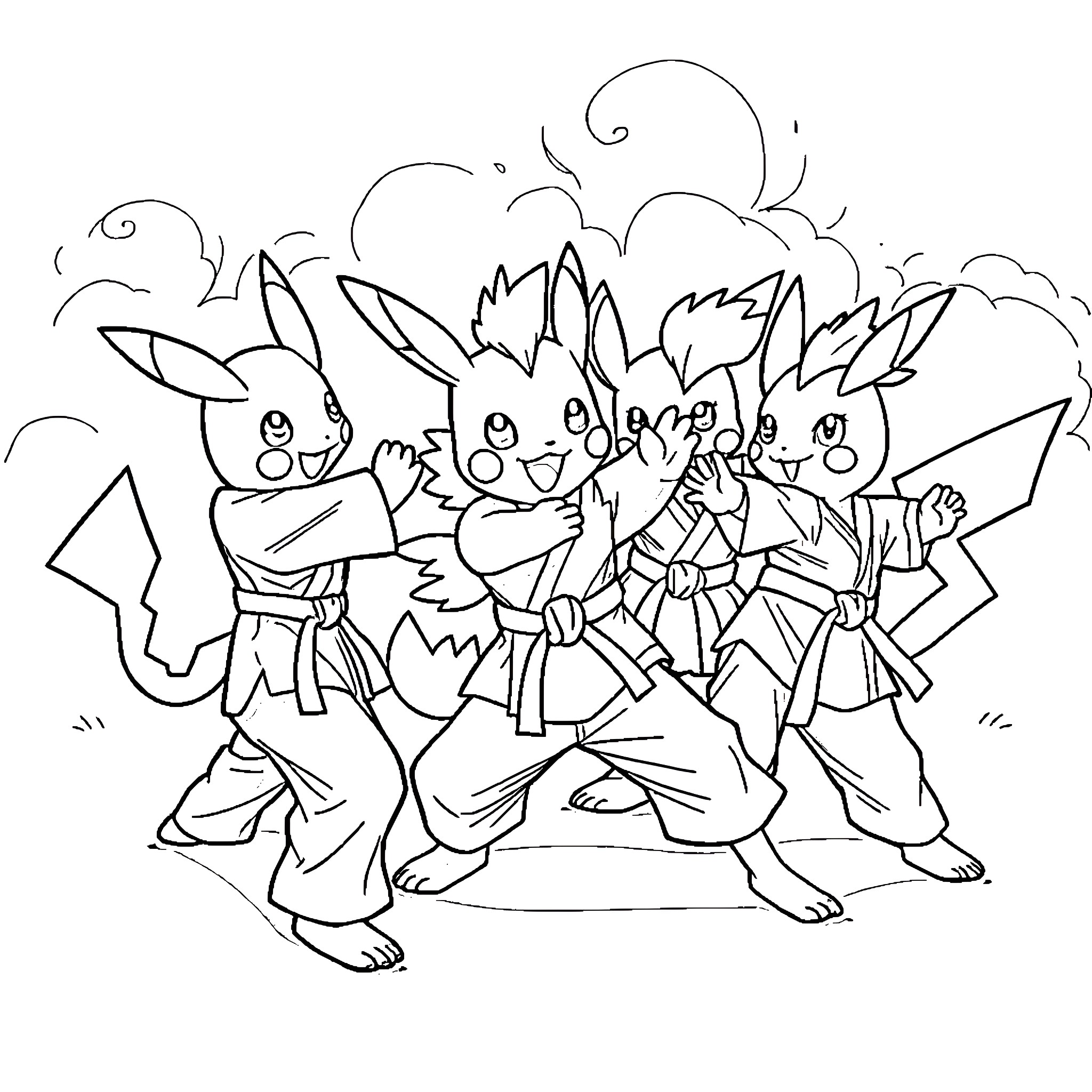 Pokémon Trainers and Their Cute Companions Coloring Page (free black-and-white line drawing printable PDF for all, from beginners to advanced learners, including children, teens, adults, and seniors)