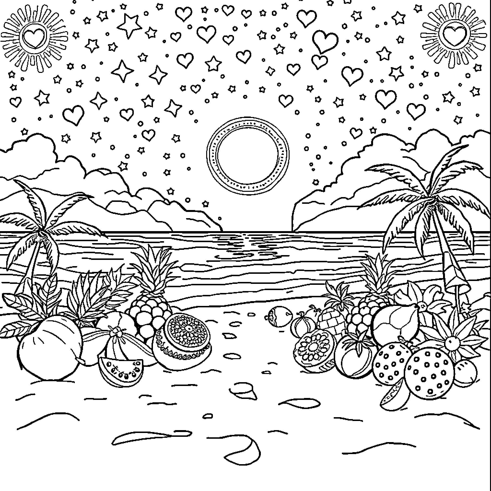Fruit Filled Tropical Seascape with Celestial Motifs Coloring Page (free black-and-white line drawing printable PDF for all, from beginners to advanced learners, including children, teens, adults, and seniors)