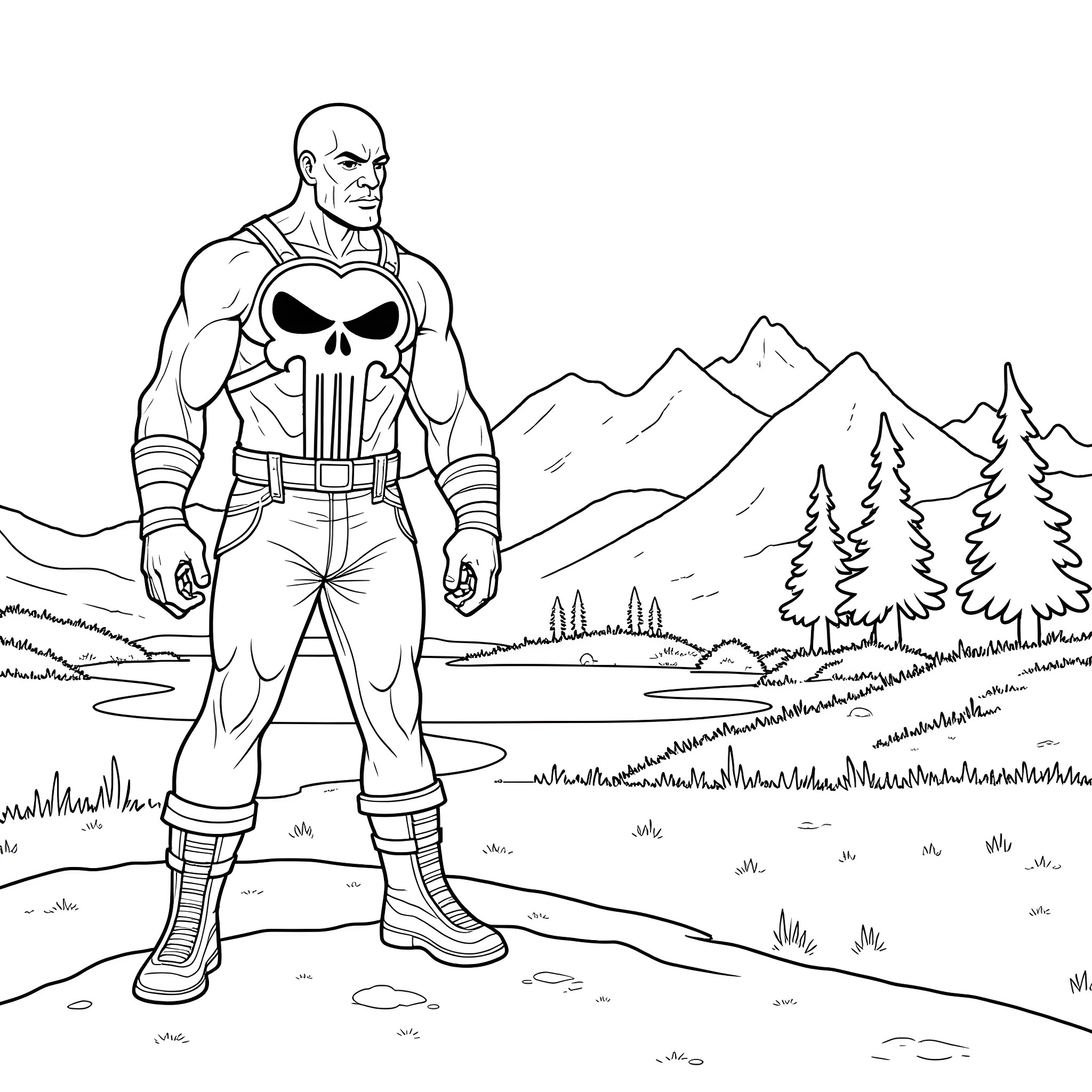 Punisher's Rugged Pursuit in the Wilderness Coloring Page (free black-and-white line drawing printable PDF for all, from beginners to advanced learners, including children, teens, adults, and seniors)