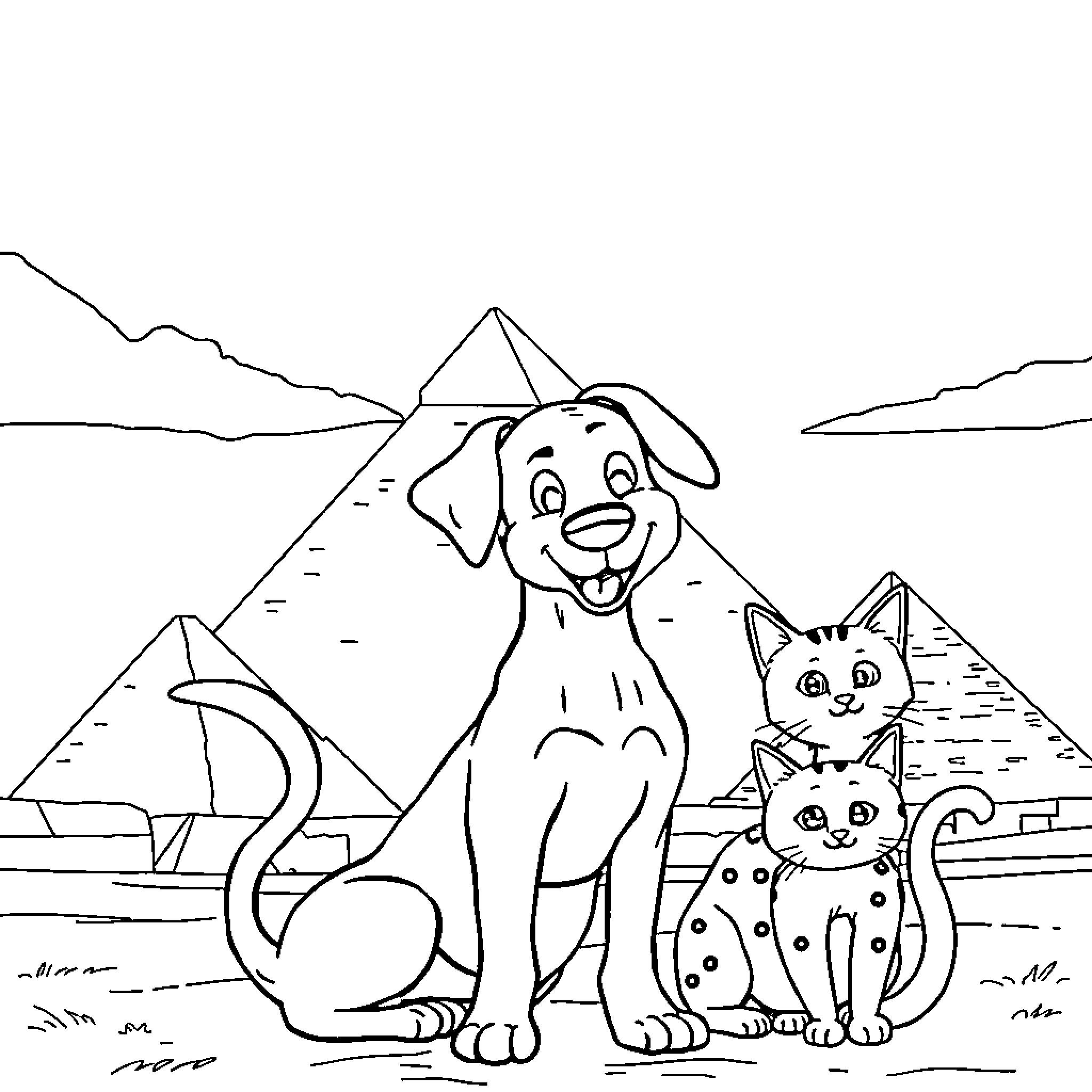 Dog and Cats in Front of Pyramids Coloring Page (free black-and-white line drawing printable PDF for all, from beginners to advanced learners, including children, teens, adults, and seniors)