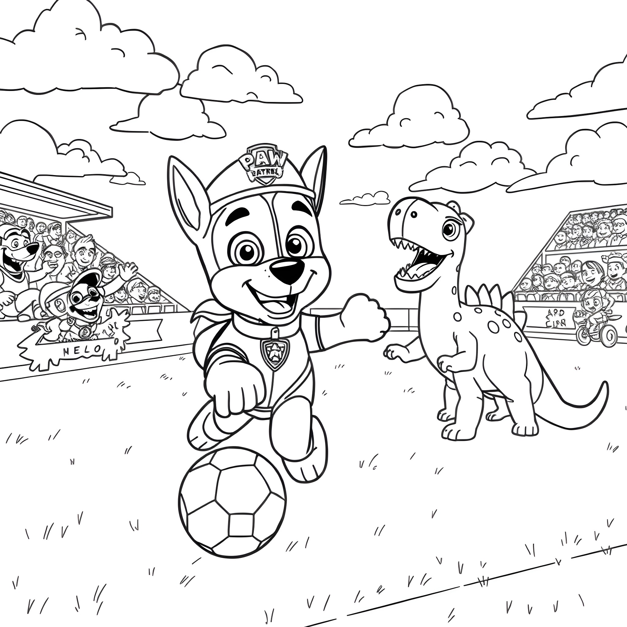 Chase of Paw Patrol team members playing soccer Coloring Page (free black-and-white line drawing printable PDF for all, from beginners to advanced learners, including children, teens, adults, and seniors)