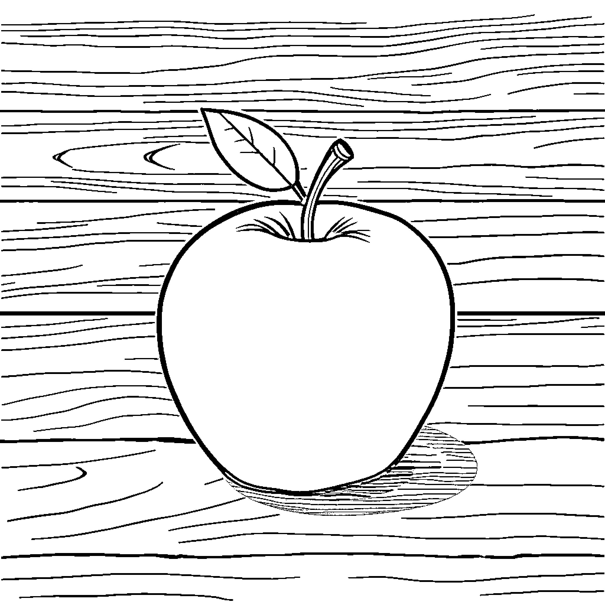 Apple on Wooden Surface Coloring Page (free black-and-white line drawing printable PDF for all, from beginners to advanced learners, including children, teens, adults, and seniors)