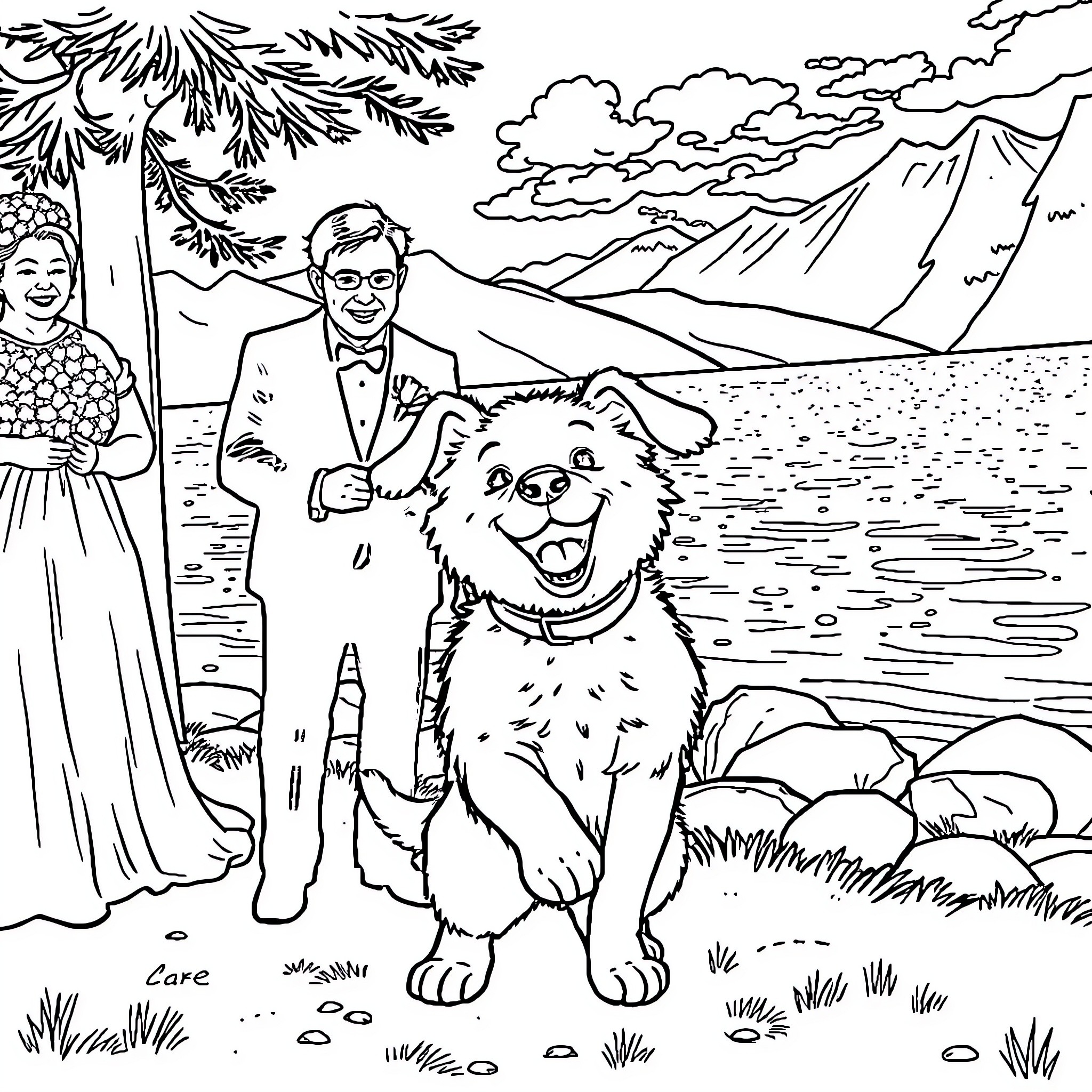 Puppy enjoying nature with happy couple Coloring Page (free black-and-white line drawing printable PDF for all, from beginners to advanced learners, including children, teens, adults, and seniors)