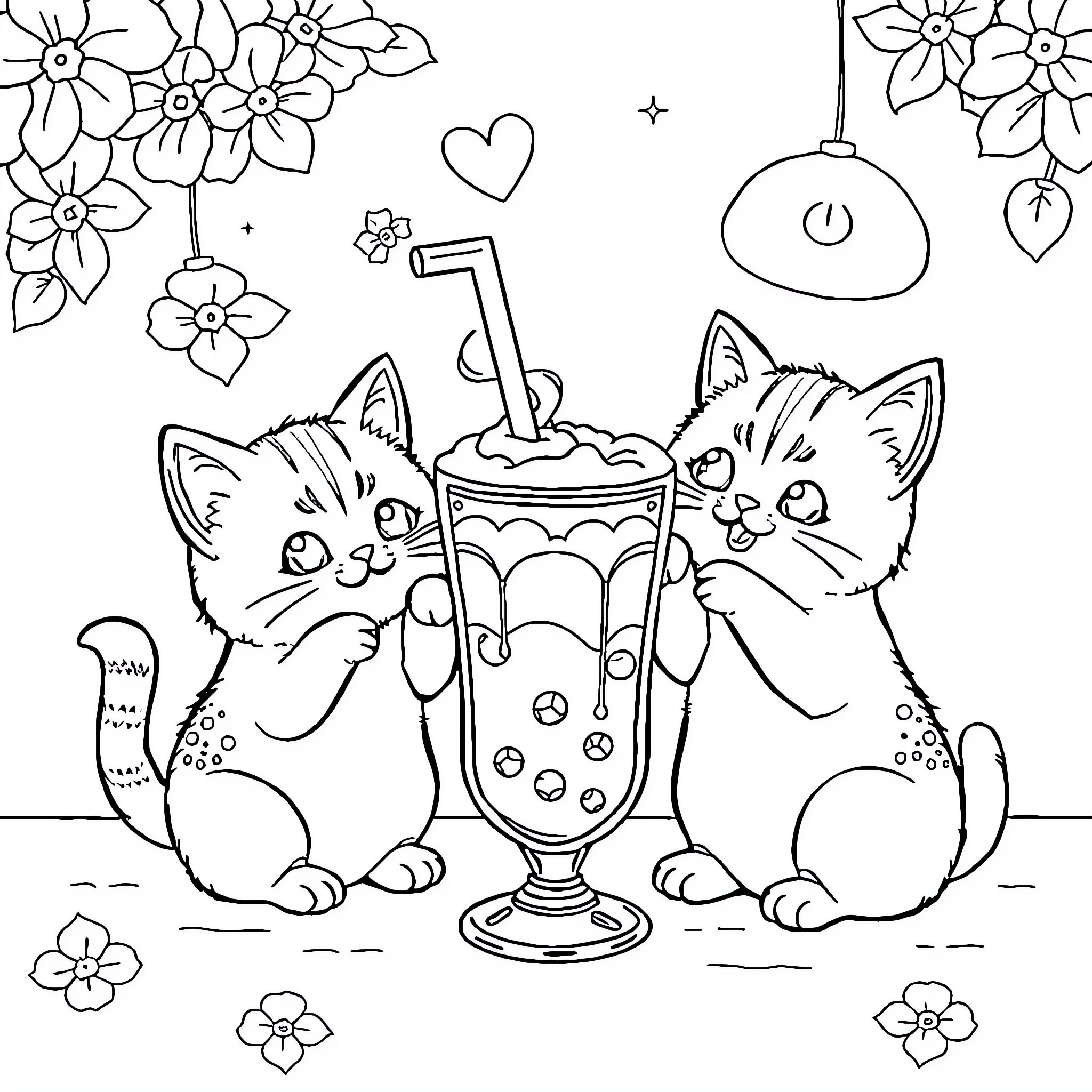 Cat kittens enjoying sweet treat in garden Coloring Page (free black-and-white line drawing printable PDF for all, from beginners to advanced learners, including children, teens, adults, and seniors)