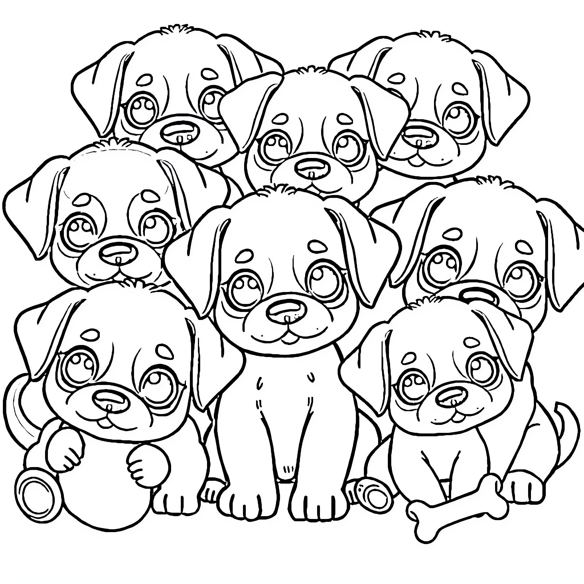 Puppy pack of cute, cuddly canines Coloring Page (free black-and-white line drawing printable PDF for all, from beginners to advanced learners, including children, teens, adults, and seniors)