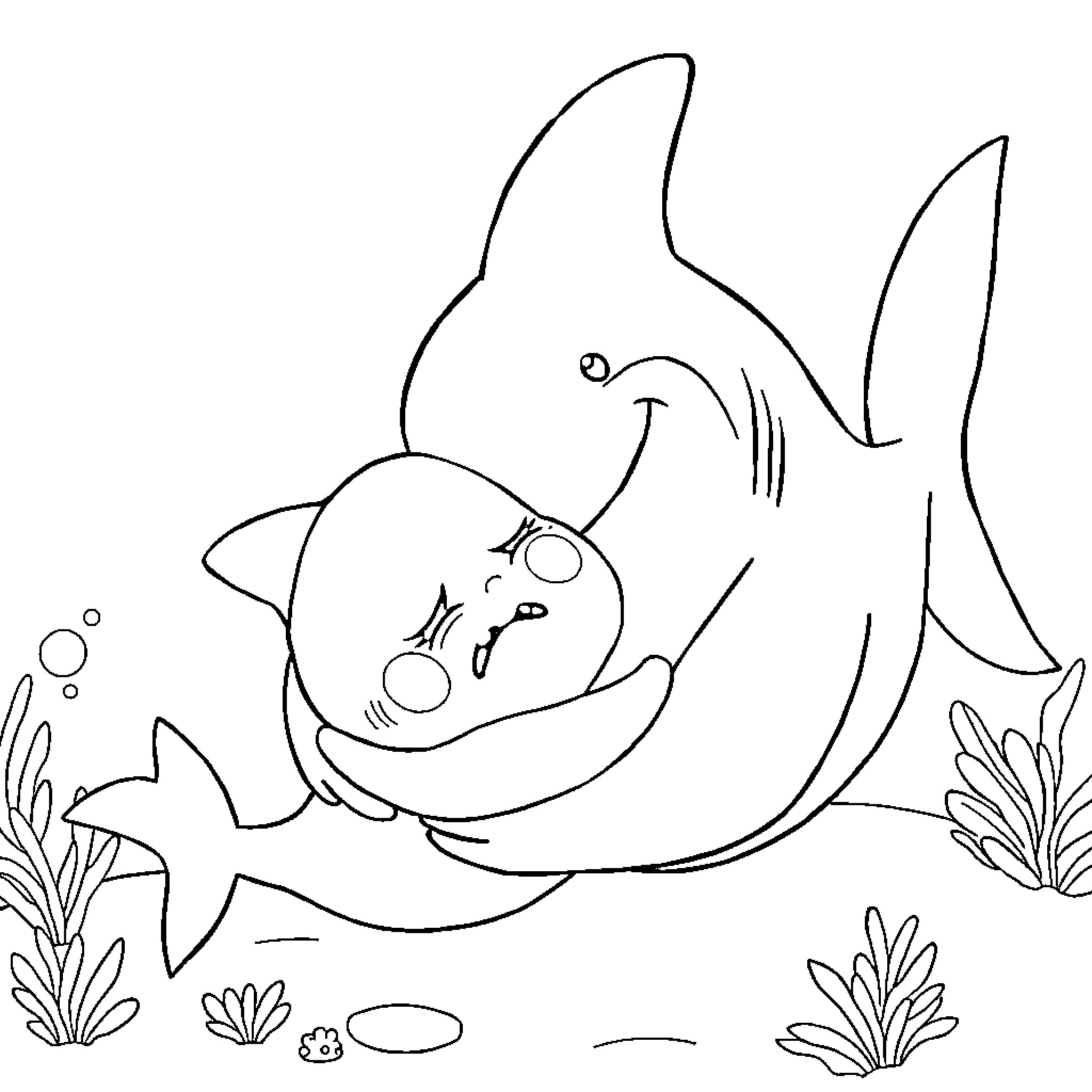 Shark enjoying underwater scene with marine plants Coloring Page (free black-and-white line drawing printable PDF for all, from beginners to advanced learners, including children, teens, adults, and seniors)