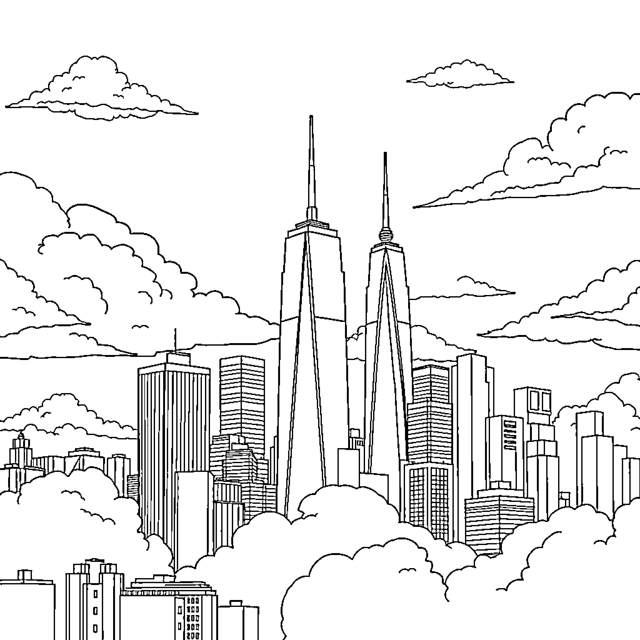 Sydney skyline with towering skyscrapers Coloring Page (free black-and-white line drawing printable PDF for all, from beginners to advanced learners, including children, teens, adults, and seniors)