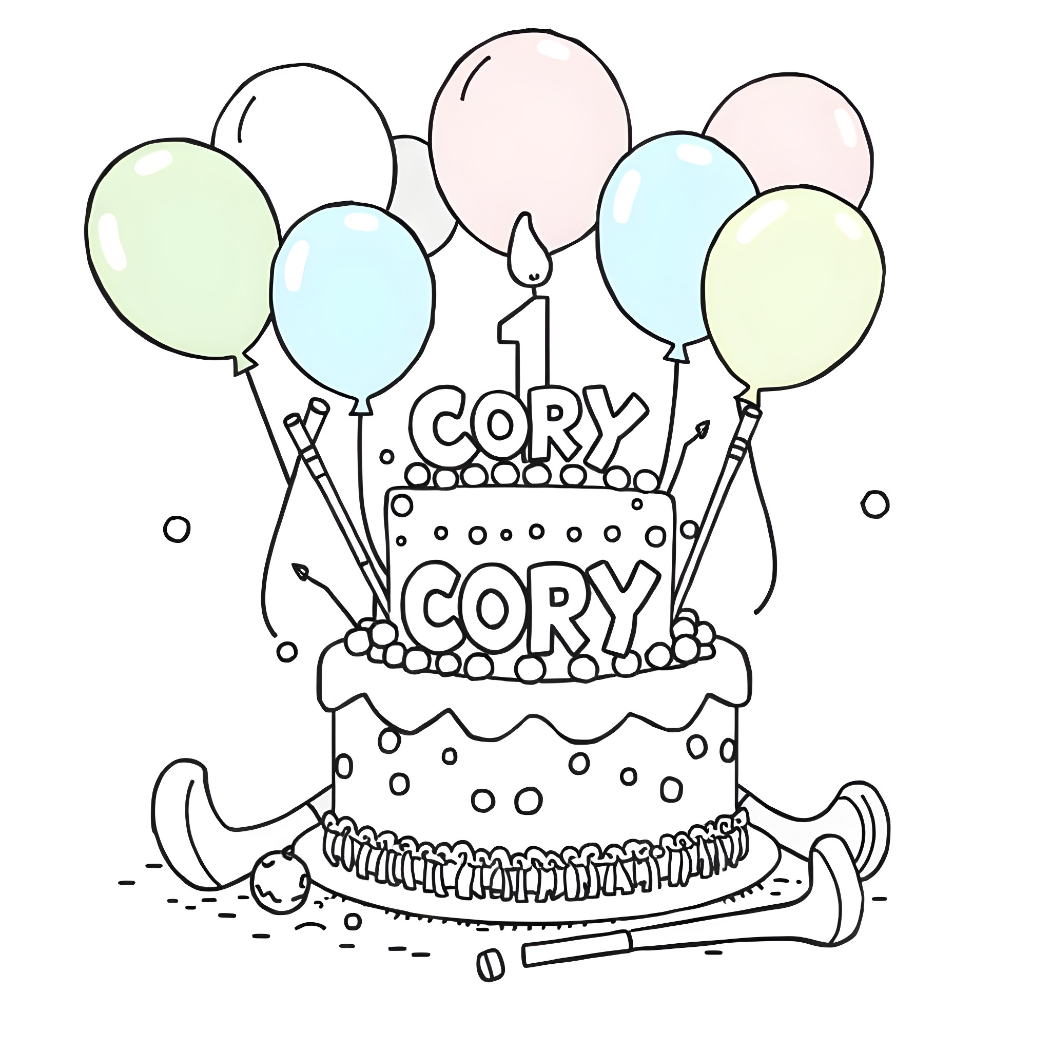 Golf celebration with balloons and birthday cake Coloring Page (free black-and-white line drawing printable PDF for all, from beginners to advanced learners, including children, teens, adults, and seniors)