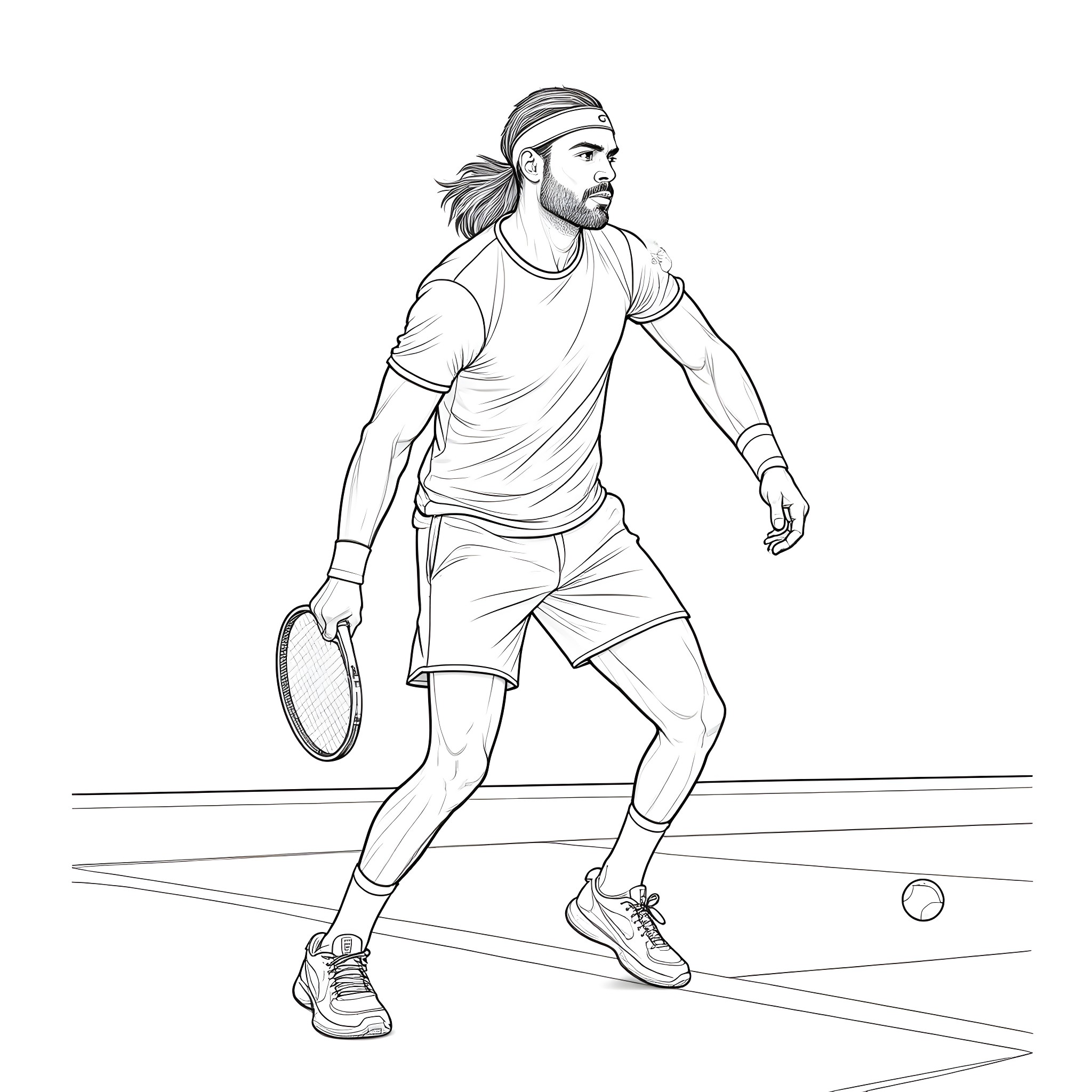 Roman Reigns Playing Tennis on the Court Coloring Page (free black-and-white line drawing printable PDF for all, from beginners to advanced learners, including children, teens, adults, and seniors)