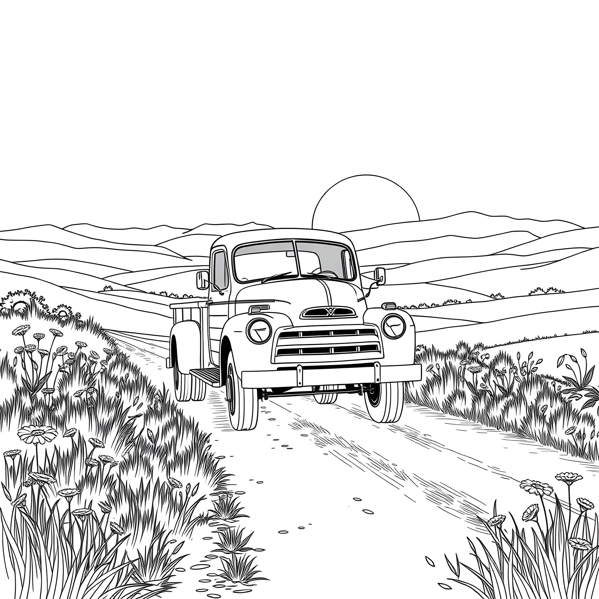 Truck Driving Through Rural Landscape Coloring Page (free black-and-white line drawing printable PDF for all, from beginners to advanced learners, including children, teens, adults, and seniors)