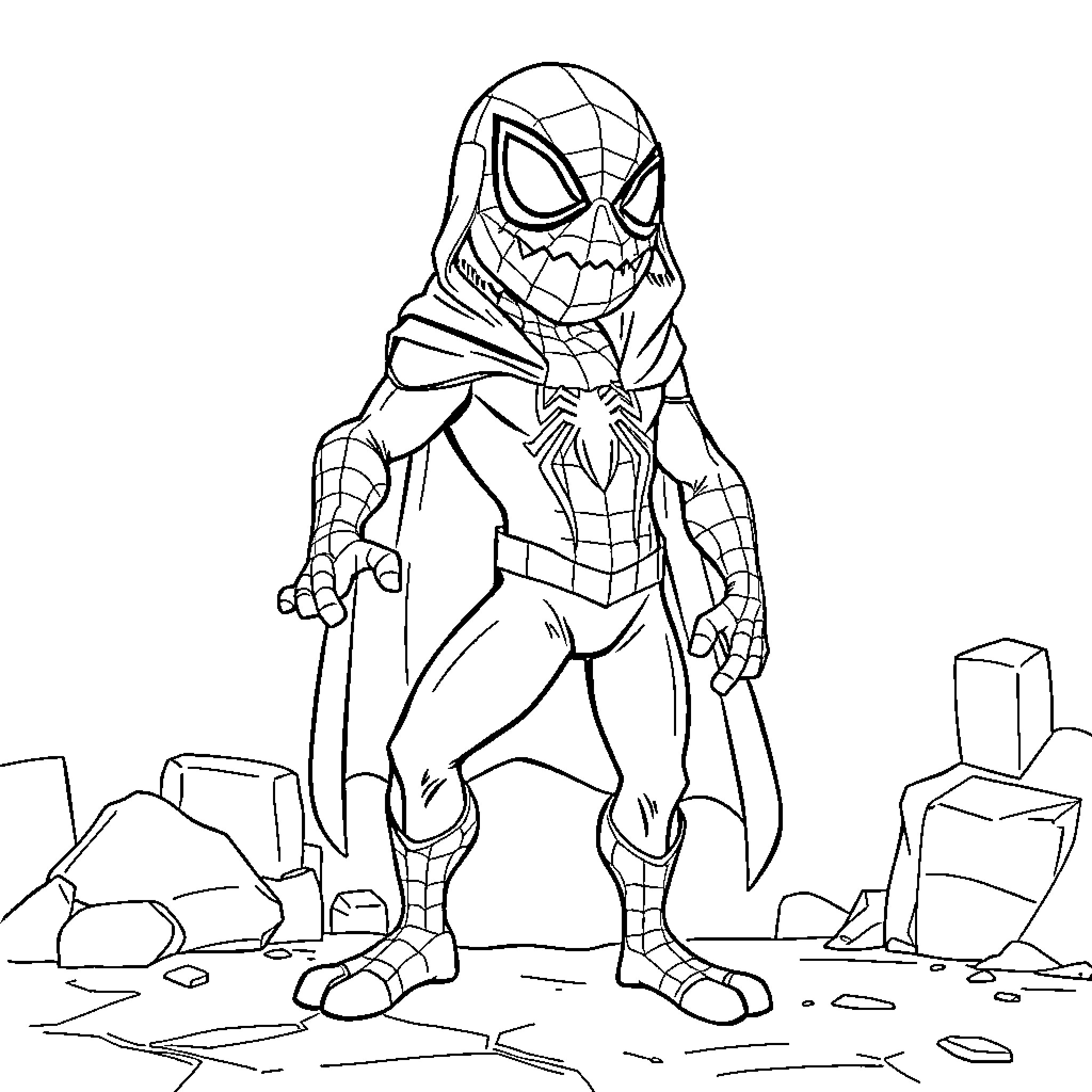 Caca Superhero Strikes a Pose in Ruins Coloring Page (free black-and-white line drawing printable PDF for all, from beginners to advanced learners, including children, teens, adults, and seniors)