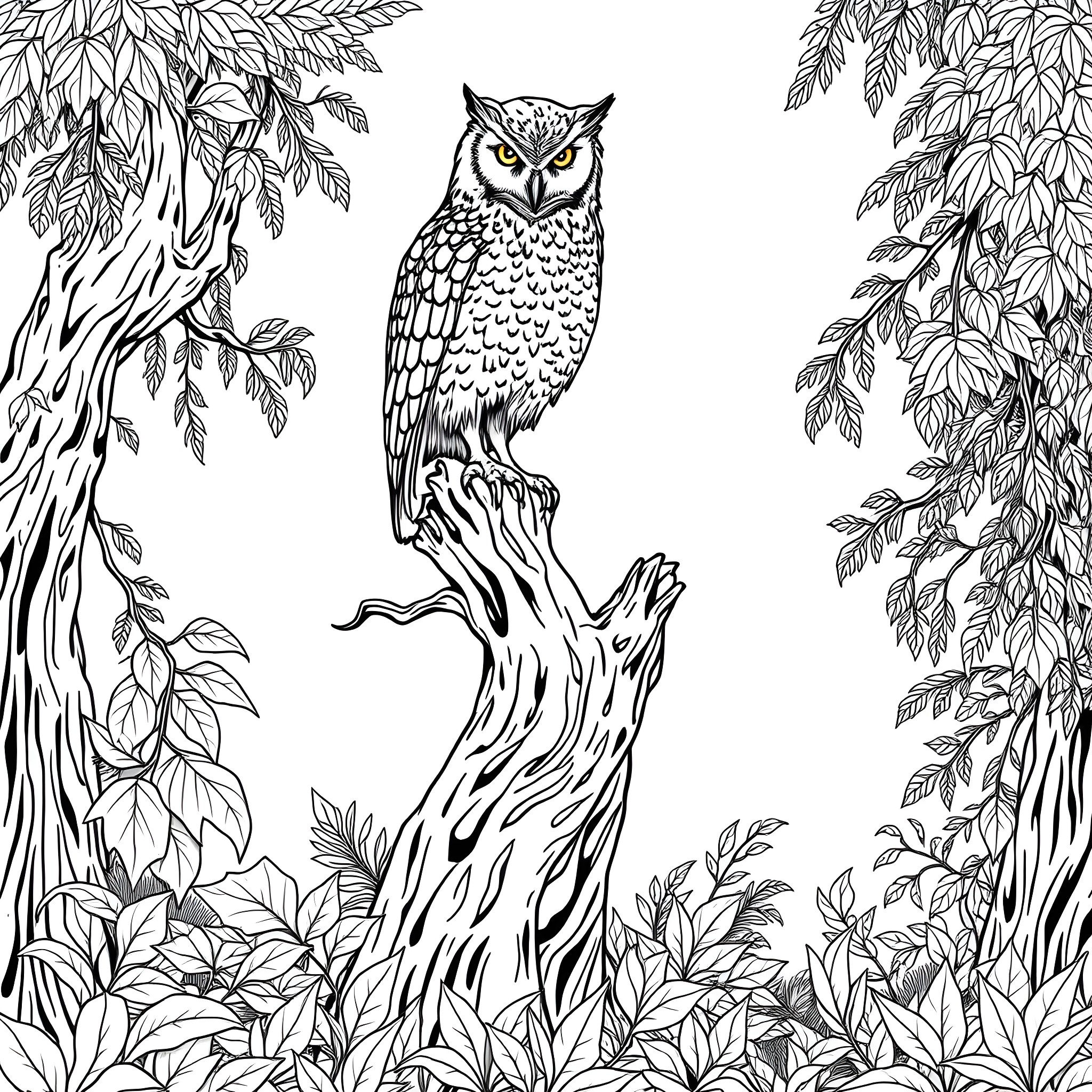 Owl perched on a tree in a lush forest Coloring Page (free black-and-white line drawing printable PDF for all, from beginners to advanced learners, including children, teens, adults, and seniors)