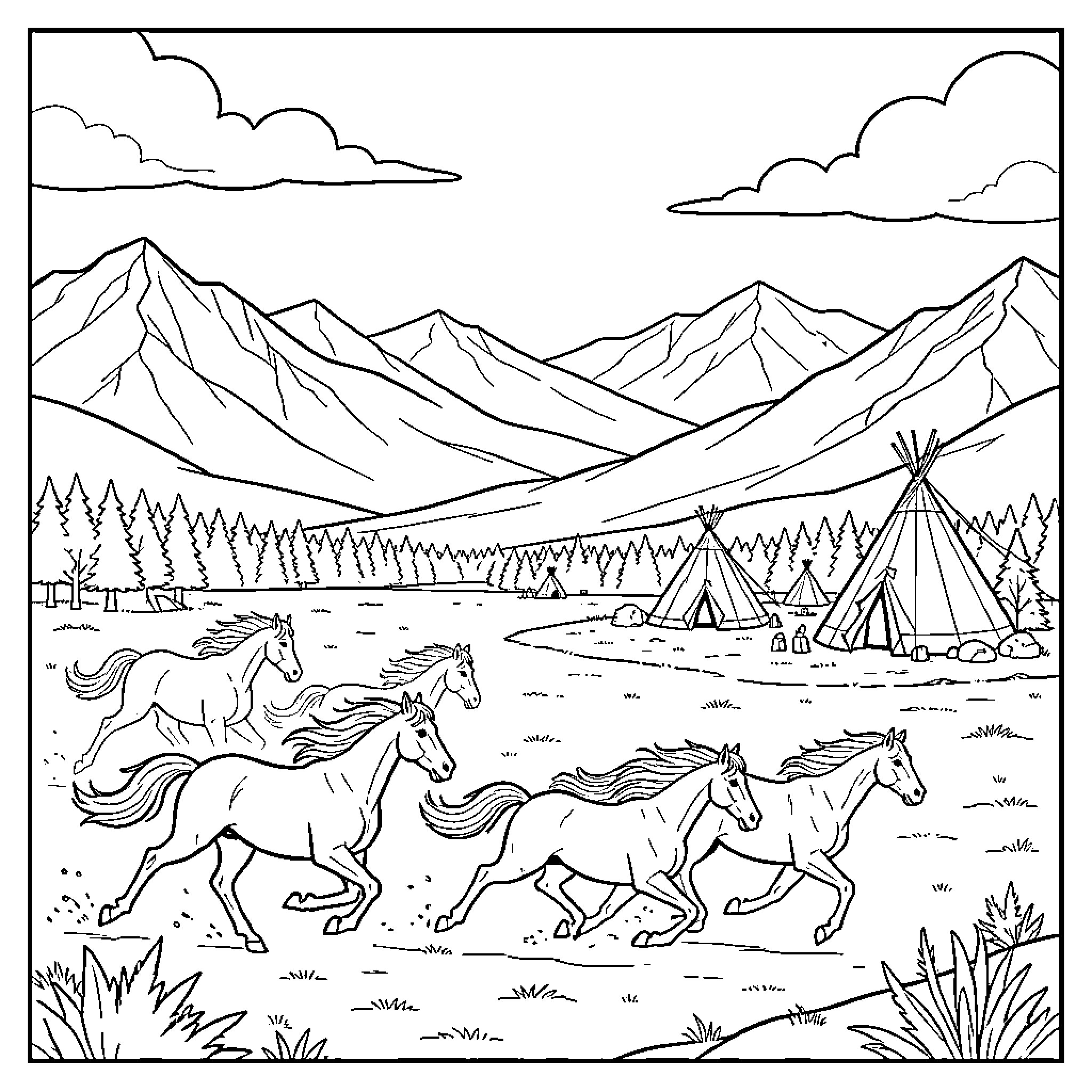 Horse herd galloping across a vast landscape Coloring Page (free black-and-white line drawing printable PDF for all, from beginners to advanced learners, including children, teens, adults, and seniors)