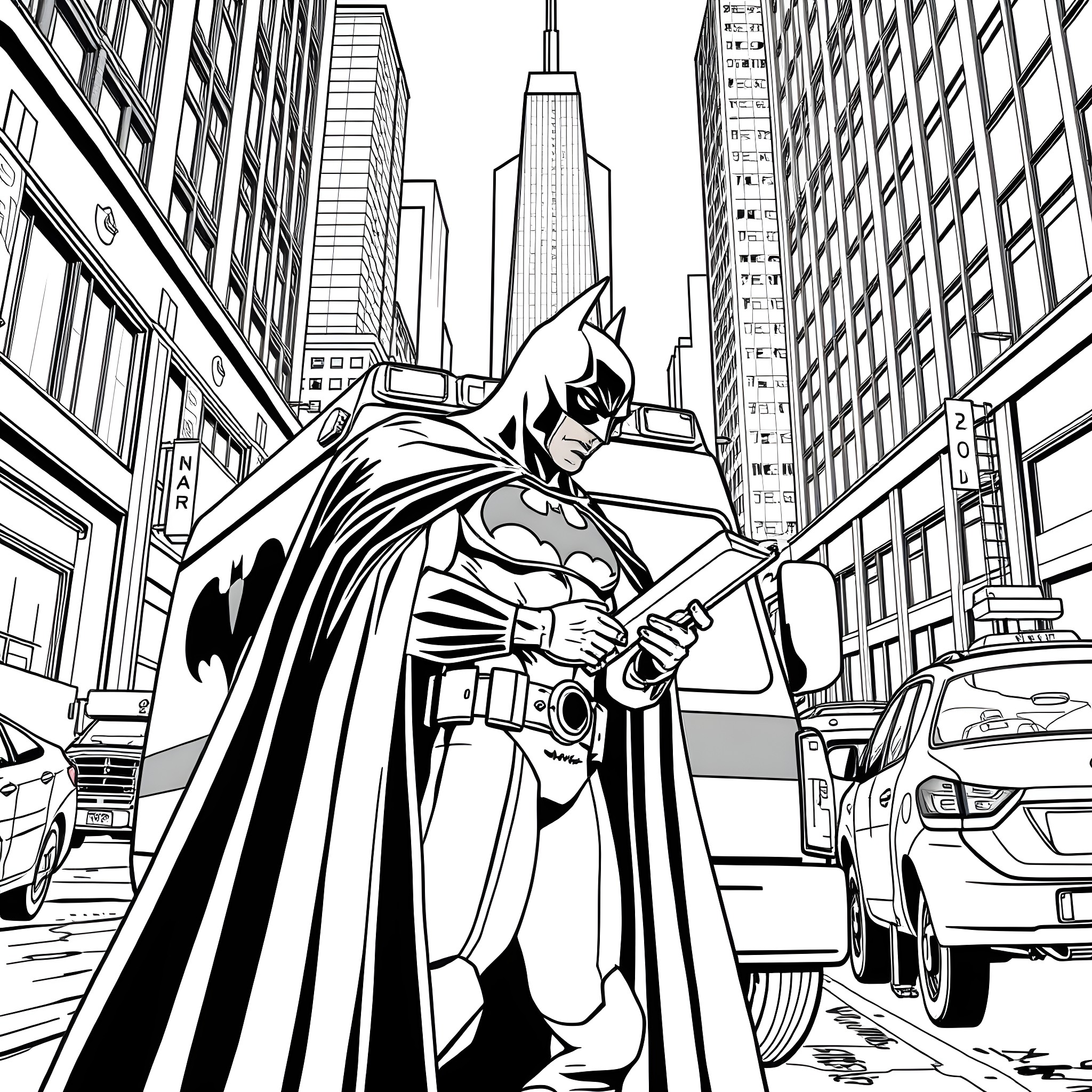 Batman patrolling the bustling Gotham City Coloring Page (free black-and-white line drawing printable PDF for all, from beginners to advanced learners, including children, teens, adults, and seniors)
