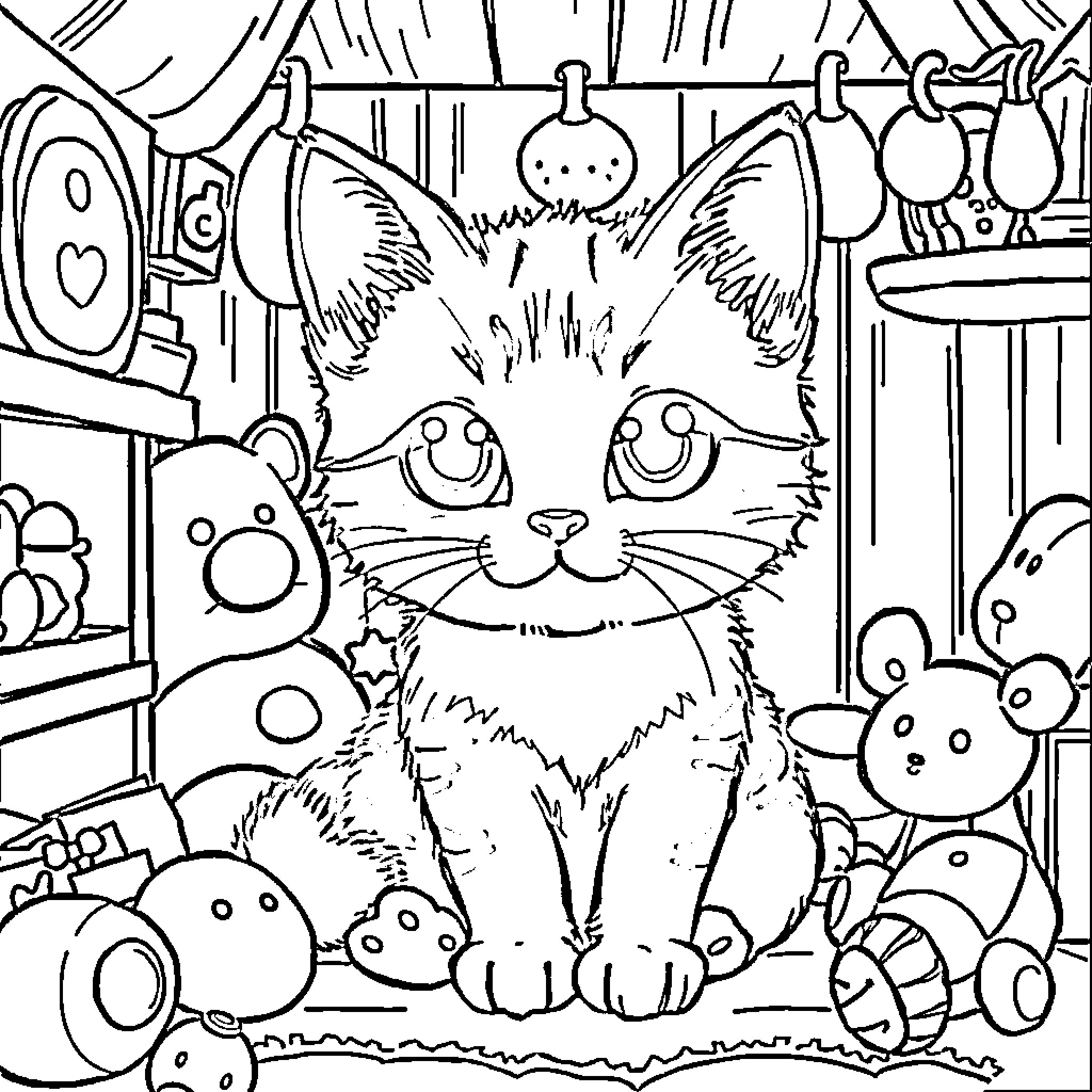 Calico Critter playing with toys in a cozy home Coloring Page (free black-and-white line drawing printable PDF for all, from beginners to advanced learners, including children, teens, adults, and seniors)