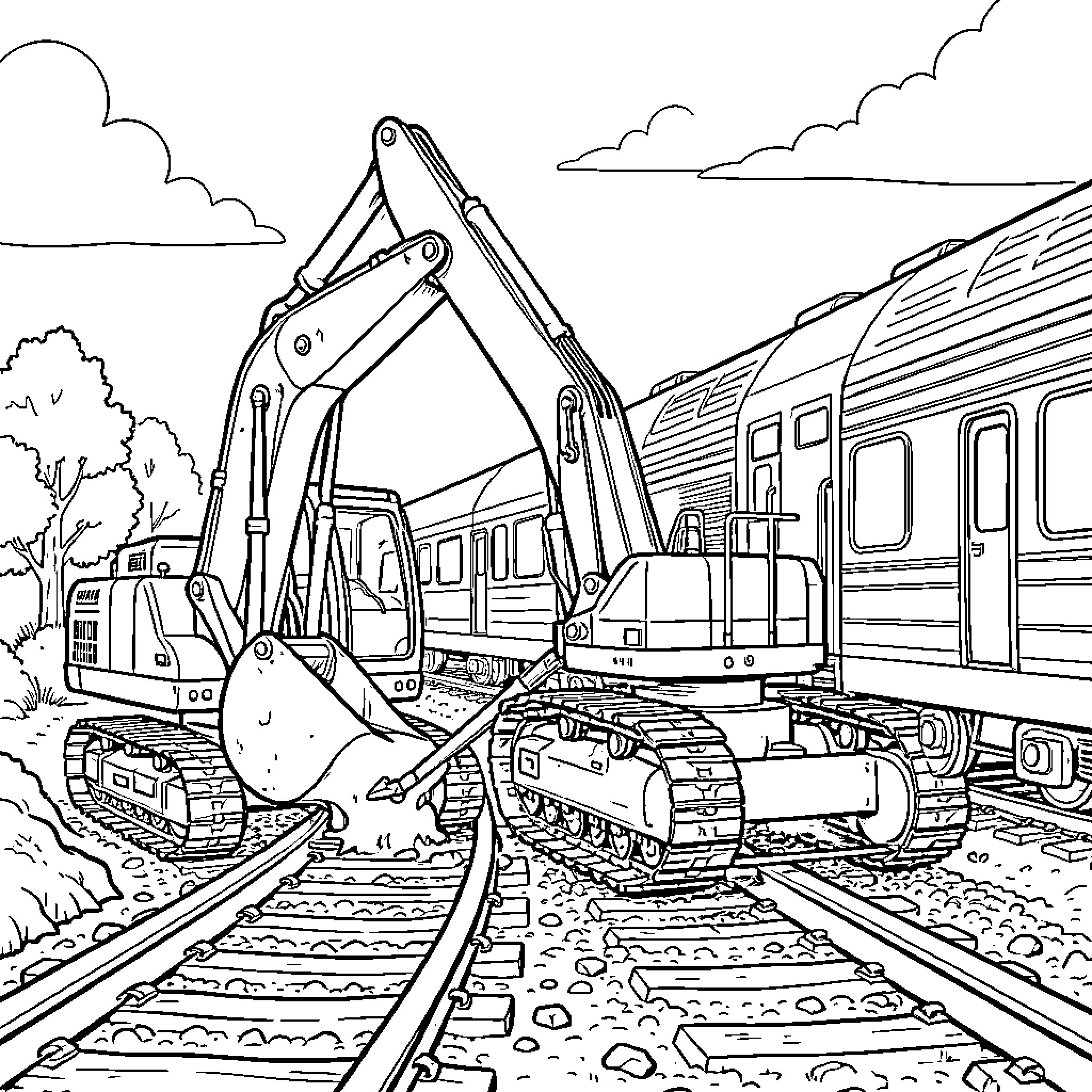 Excavator working on railroad construction site Coloring Page (free black-and-white line drawing printable PDF for all, from beginners to advanced learners, including children, teens, adults, and seniors)