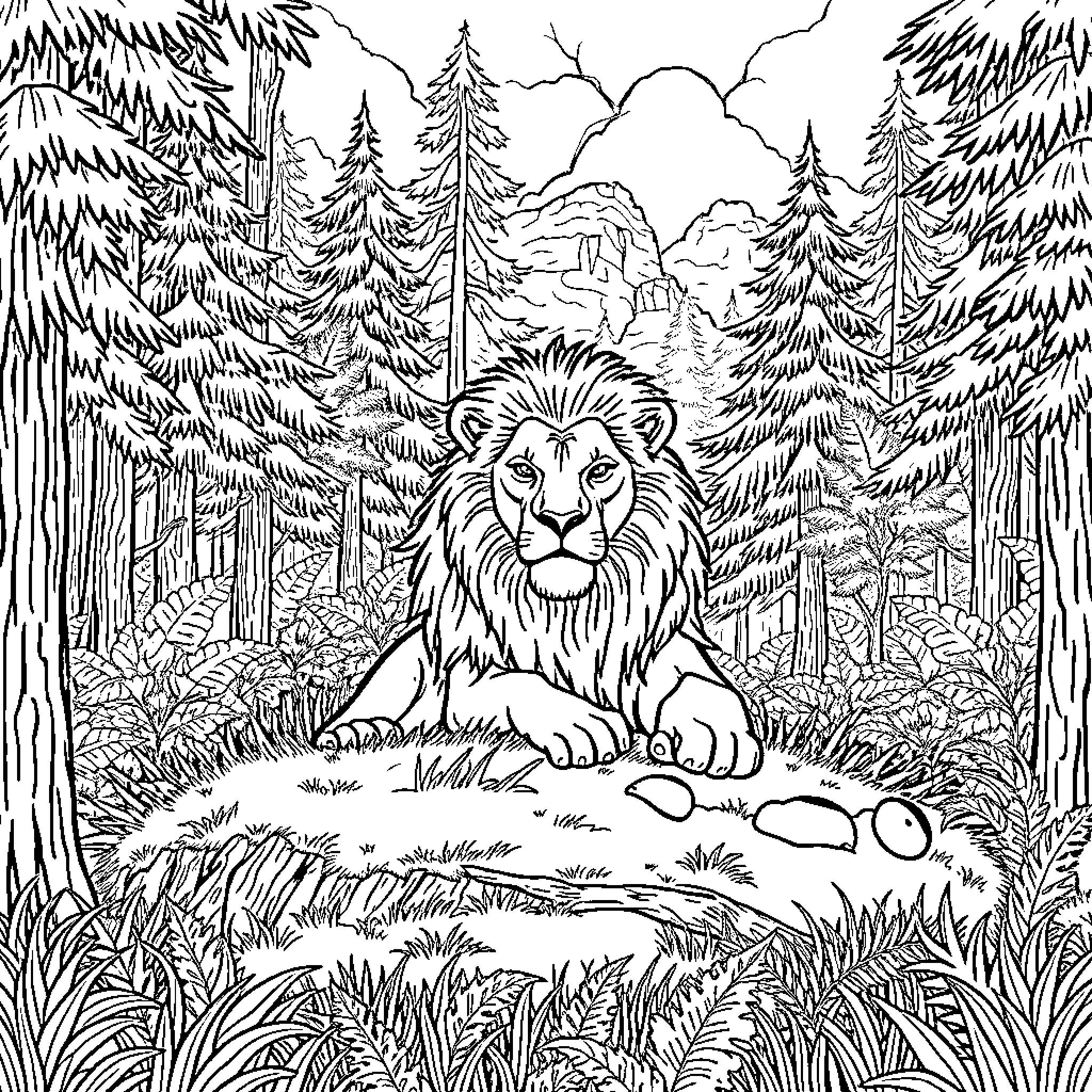 Lion in the Majestic Forest Wilderness Coloring Page (free black-and-white line drawing printable PDF for all, from beginners to advanced learners, including children, teens, adults, and seniors)