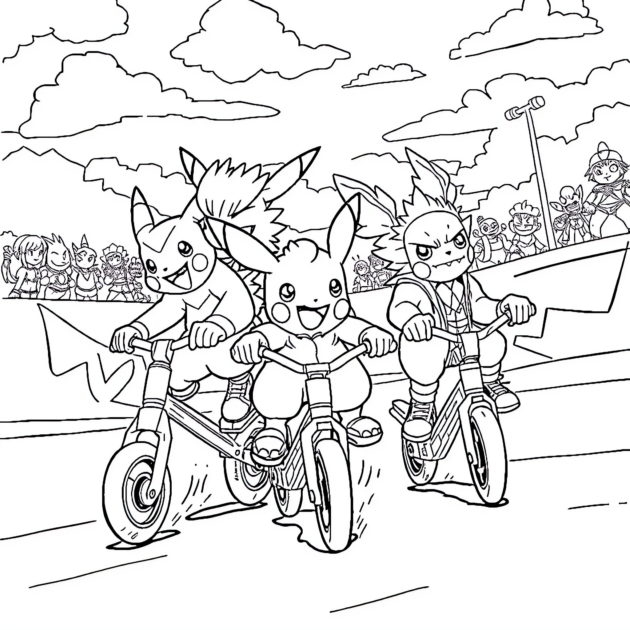 Pokémon characters riding bicycles on a path Coloring Page (free black-and-white line drawing printable PDF for all, from beginners to advanced learners, including children, teens, adults, and seniors)
