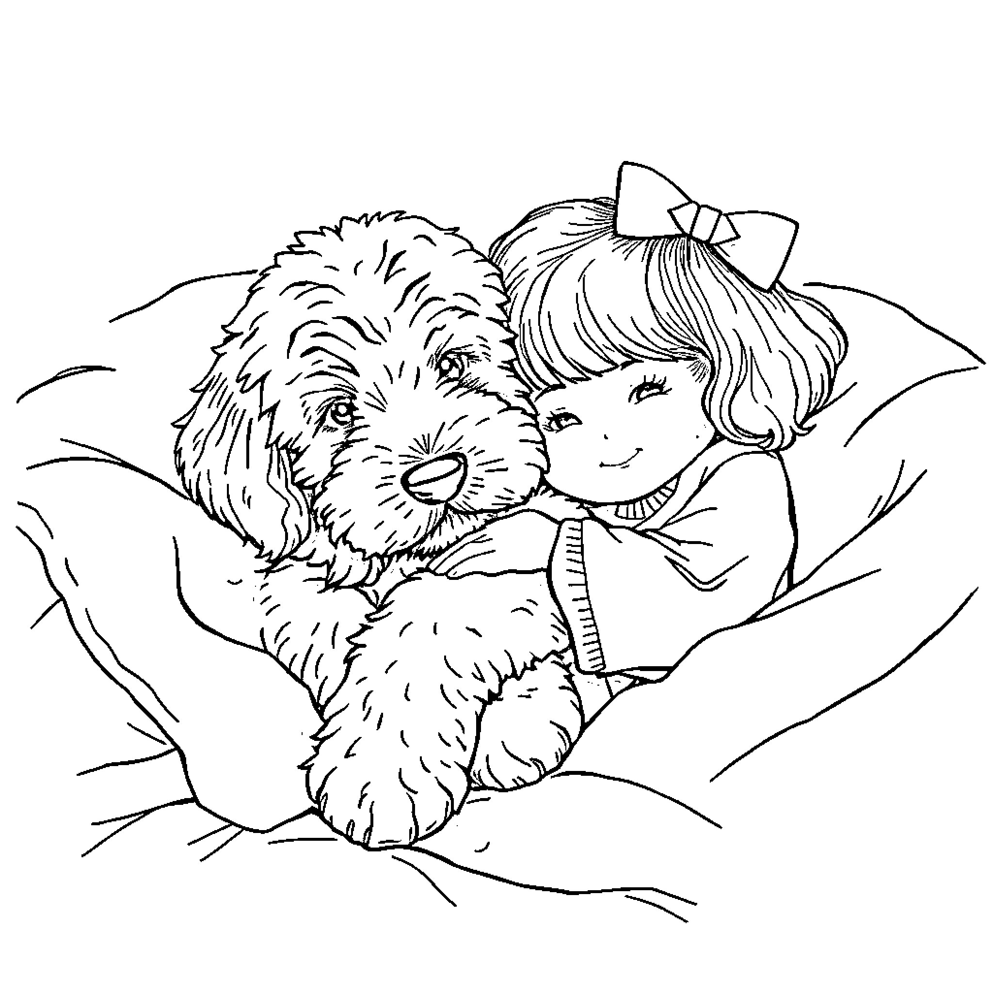 Goldendoodle puppy cuddling with a young girl Coloring Page (free black-and-white line drawing printable PDF for all, from beginners to advanced learners, including children, teens, adults, and seniors)