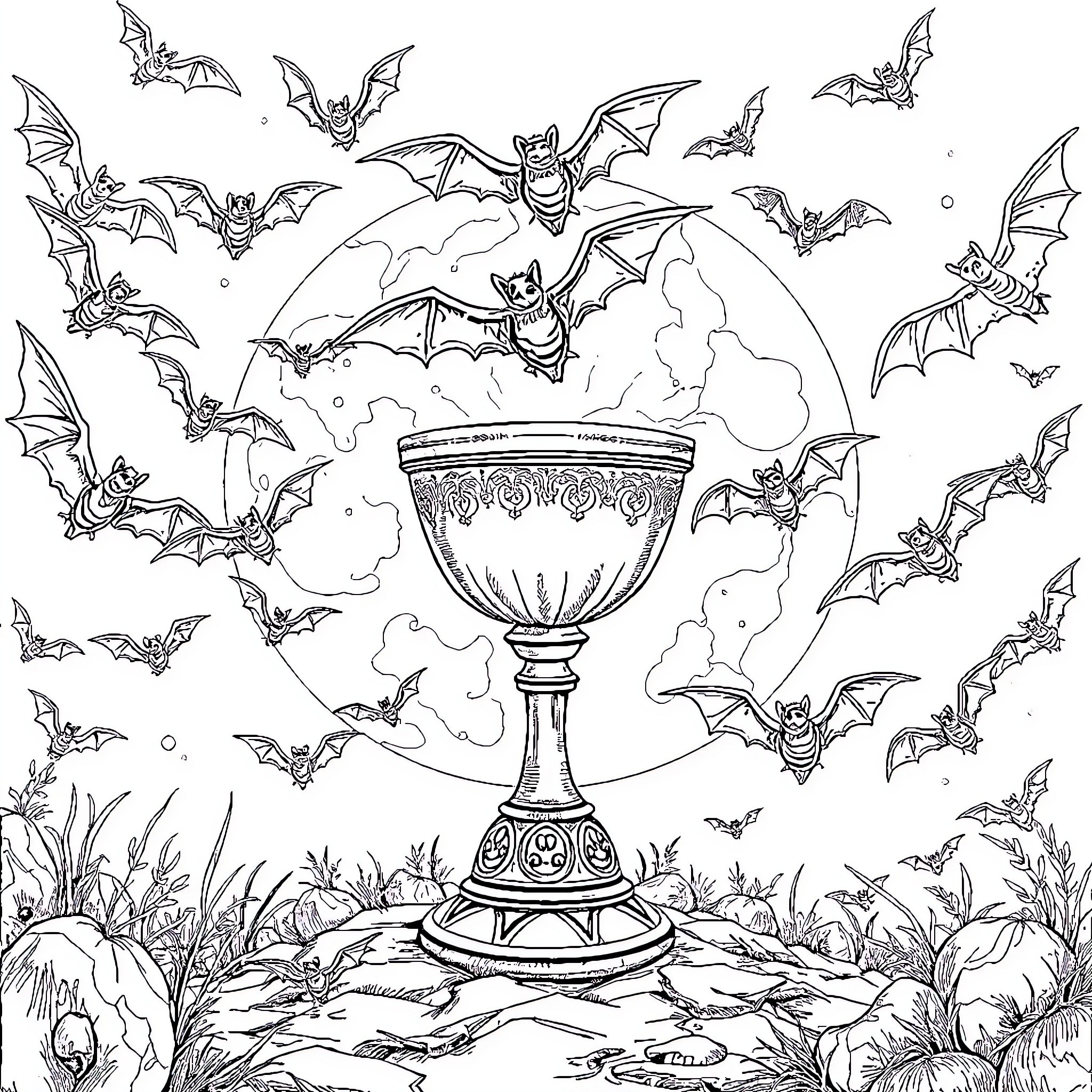 Bats flying around a magical chalice in the night sky Coloring Page (free black-and-white line drawing printable PDF for all, from beginners to advanced learners, including children, teens, adults, and seniors)