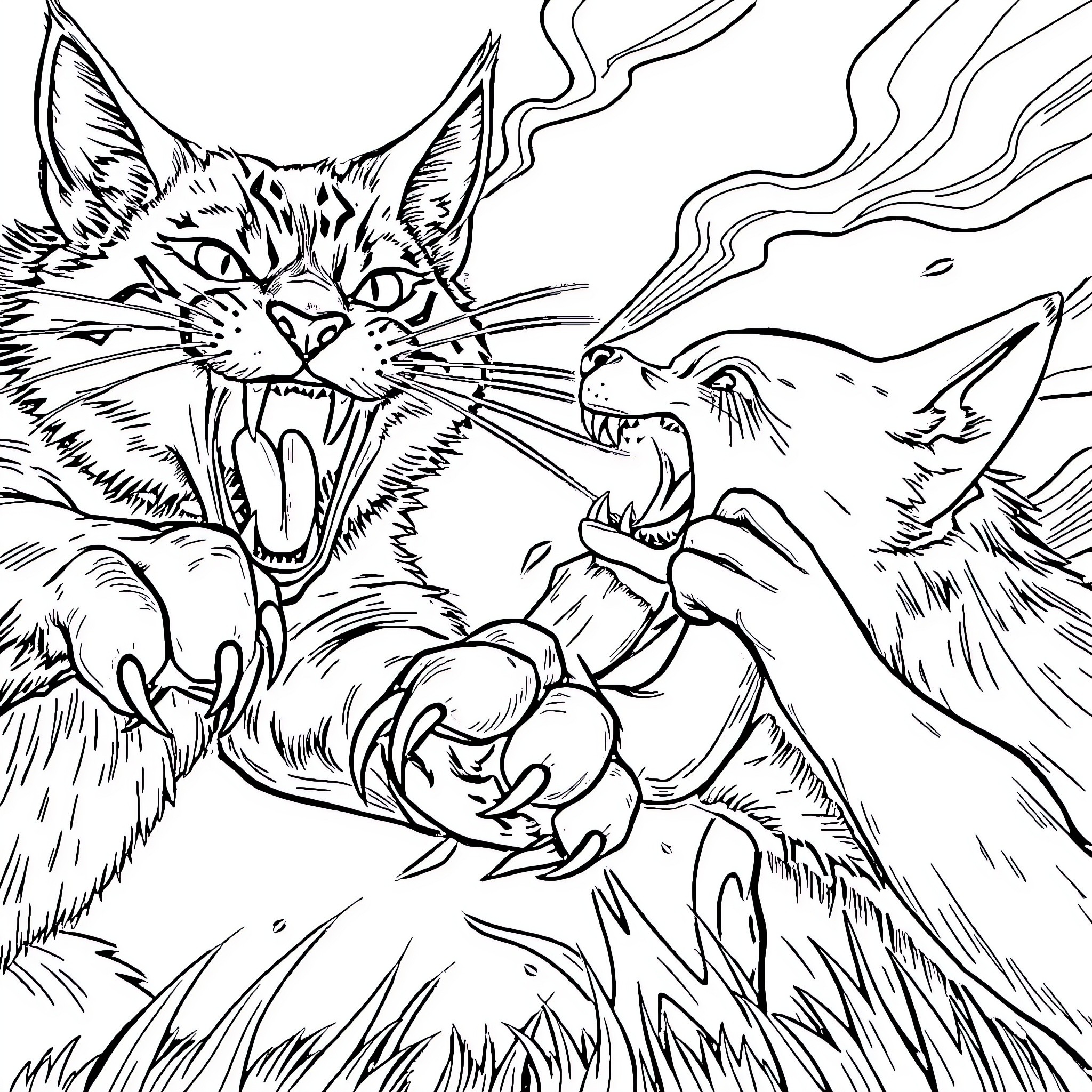 Cats engaged in fierce combat Coloring Page (free black-and-white line drawing printable PDF for all, from beginners to advanced learners, including children, teens, adults, and seniors)