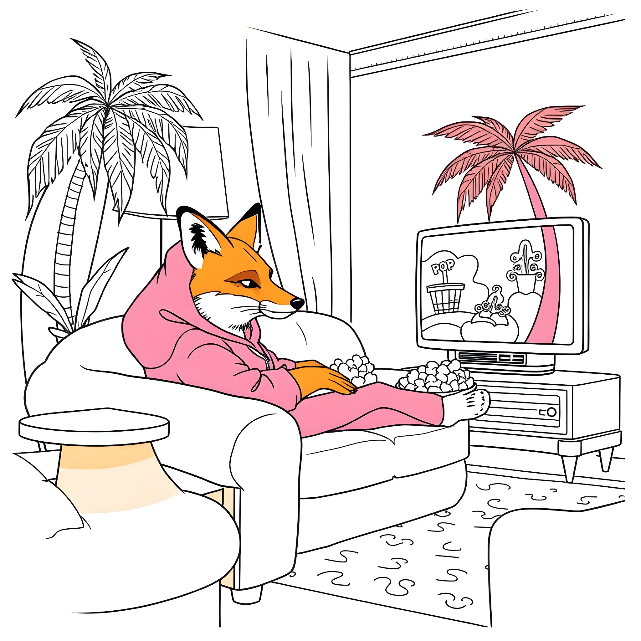 Fox relaxing at home on the couch watching TV Coloring Page (free black-and-white line drawing printable PDF for all, from beginners to advanced learners, including children, teens, adults, and seniors)