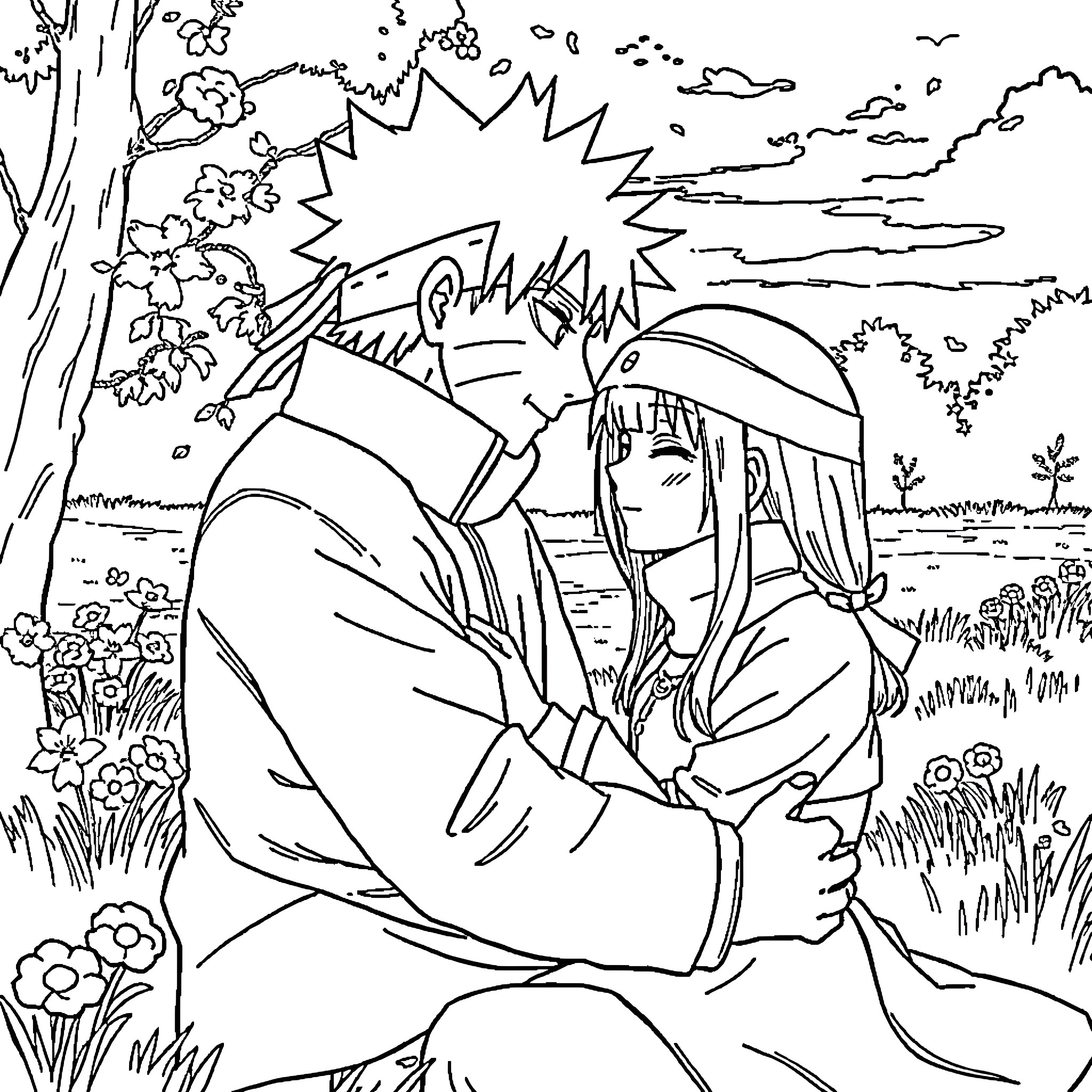Naruto and Hinata in a romantic embrace Coloring Page (free black-and-white line drawing printable PDF for all, from beginners to advanced learners, including children, teens, adults, and seniors)