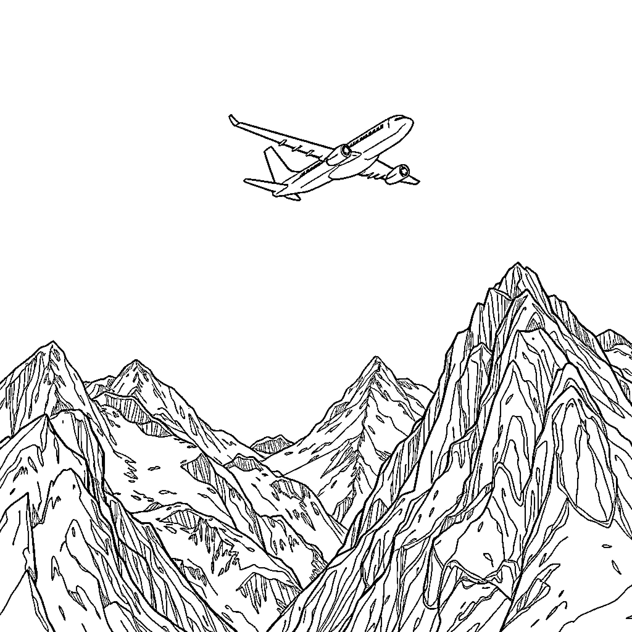 Plane soaring over majestic mountain landscape Coloring Page (free black-and-white line drawing printable PDF for all, from beginners to advanced learners, including children, teens, adults, and seniors)