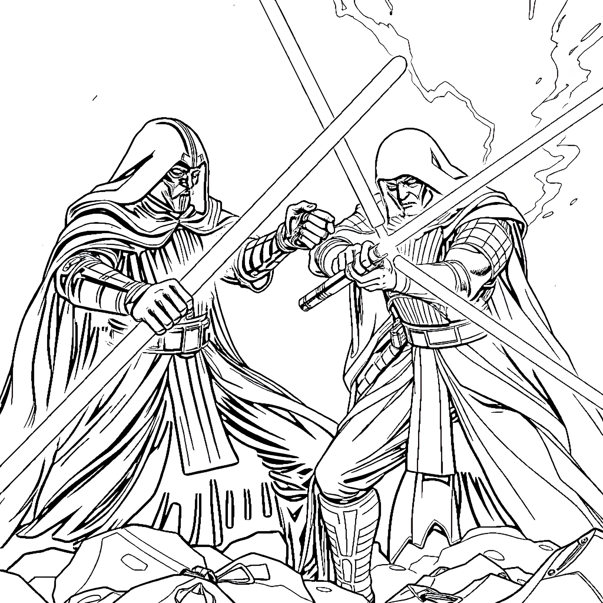 Darth Nihilus engaged in epic lightsaber duel Coloring Page (free black-and-white line drawing printable PDF for all, from beginners to advanced learners, including children, teens, adults, and seniors)