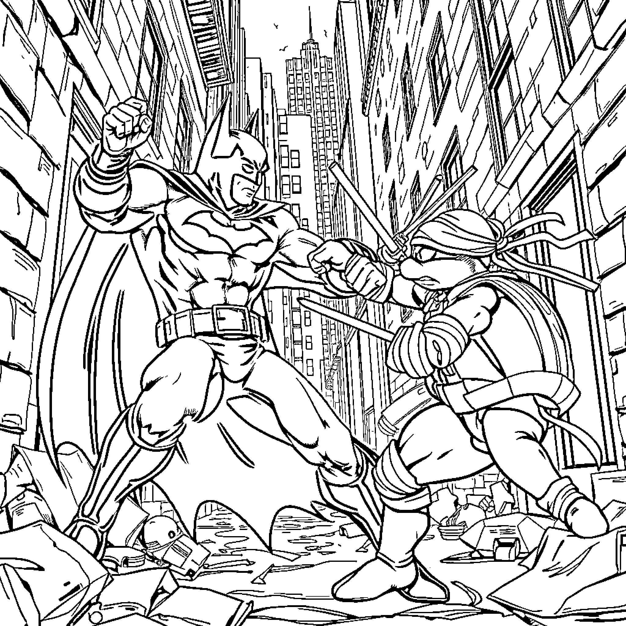 Batman fighting against villains in a city Coloring Page (free black-and-white line drawing printable PDF for all, from beginners to advanced learners, including children, teens, adults, and seniors)