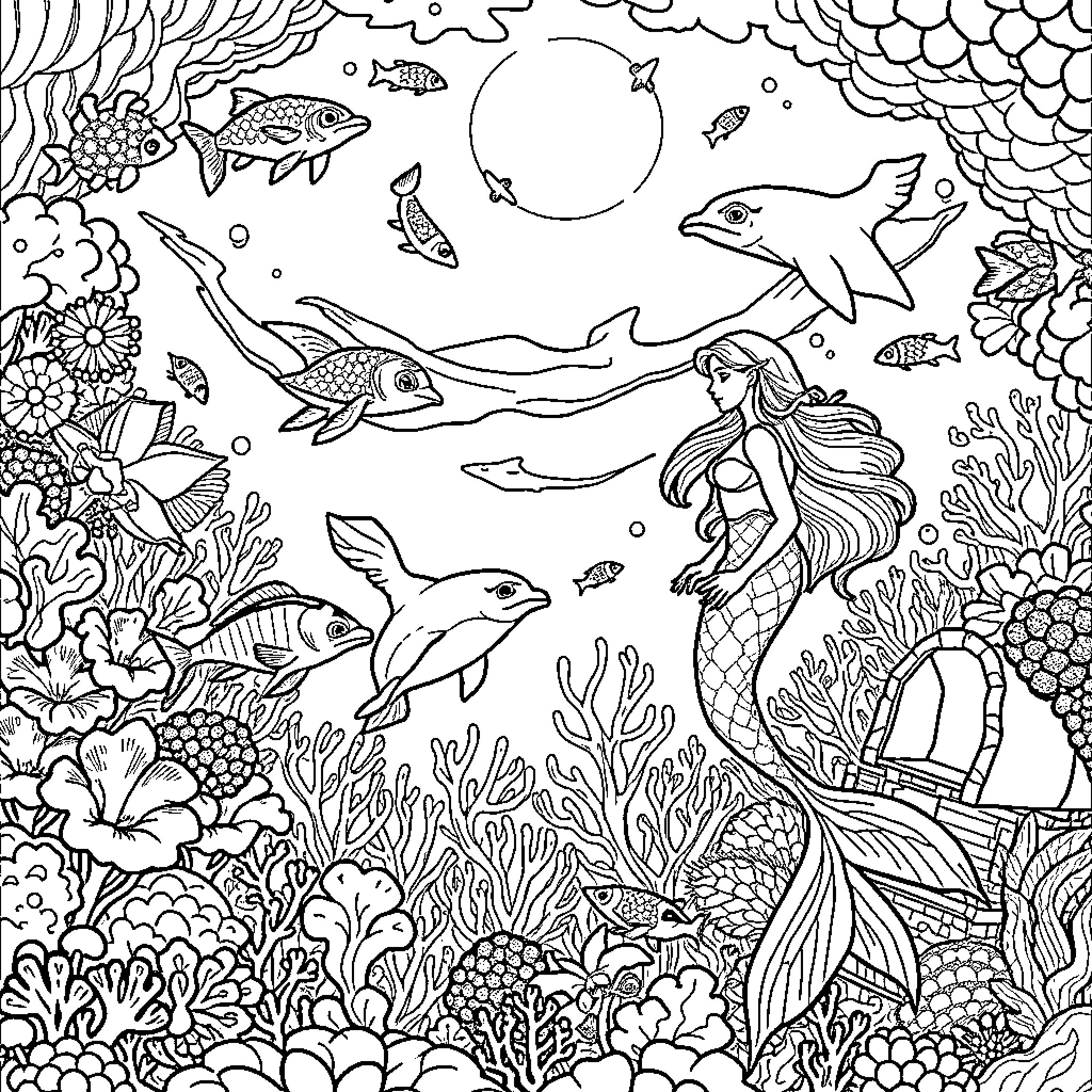 Sea Creature Mermaids and Dolphins Exploring Underwater World Coloring Page (free black-and-white line drawing printable PDF for all, from beginners to advanced learners, including children, teens, adults, and seniors)